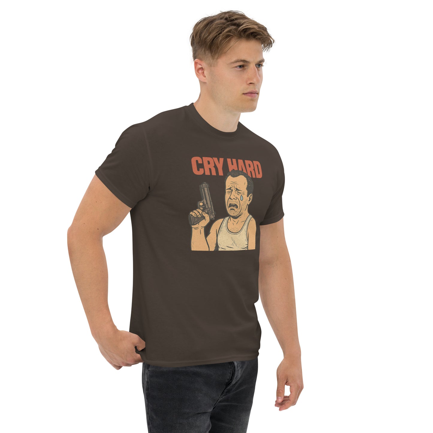 Man wearing a brown t-shirt with graphic design and text on a white background