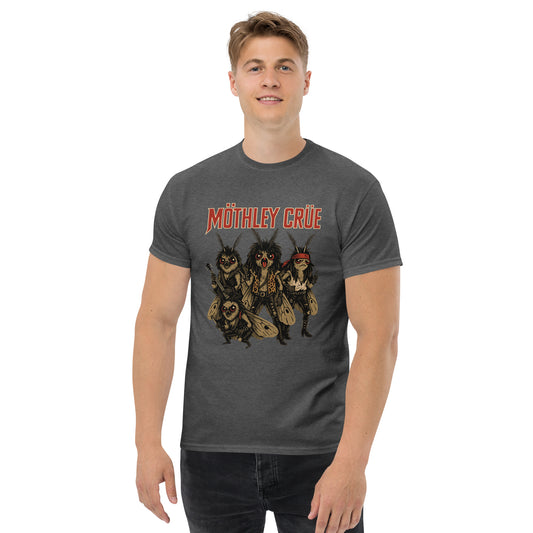 Person wearing a Mothley Crüe t-shirt with band members on a white background