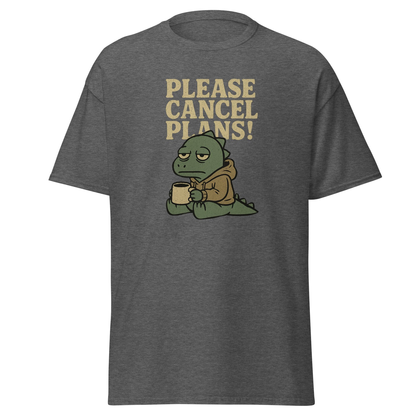 Gray t-shirt with a cartoon character holding a coffee cup and text 'Please Cancel Plans!' on a white background