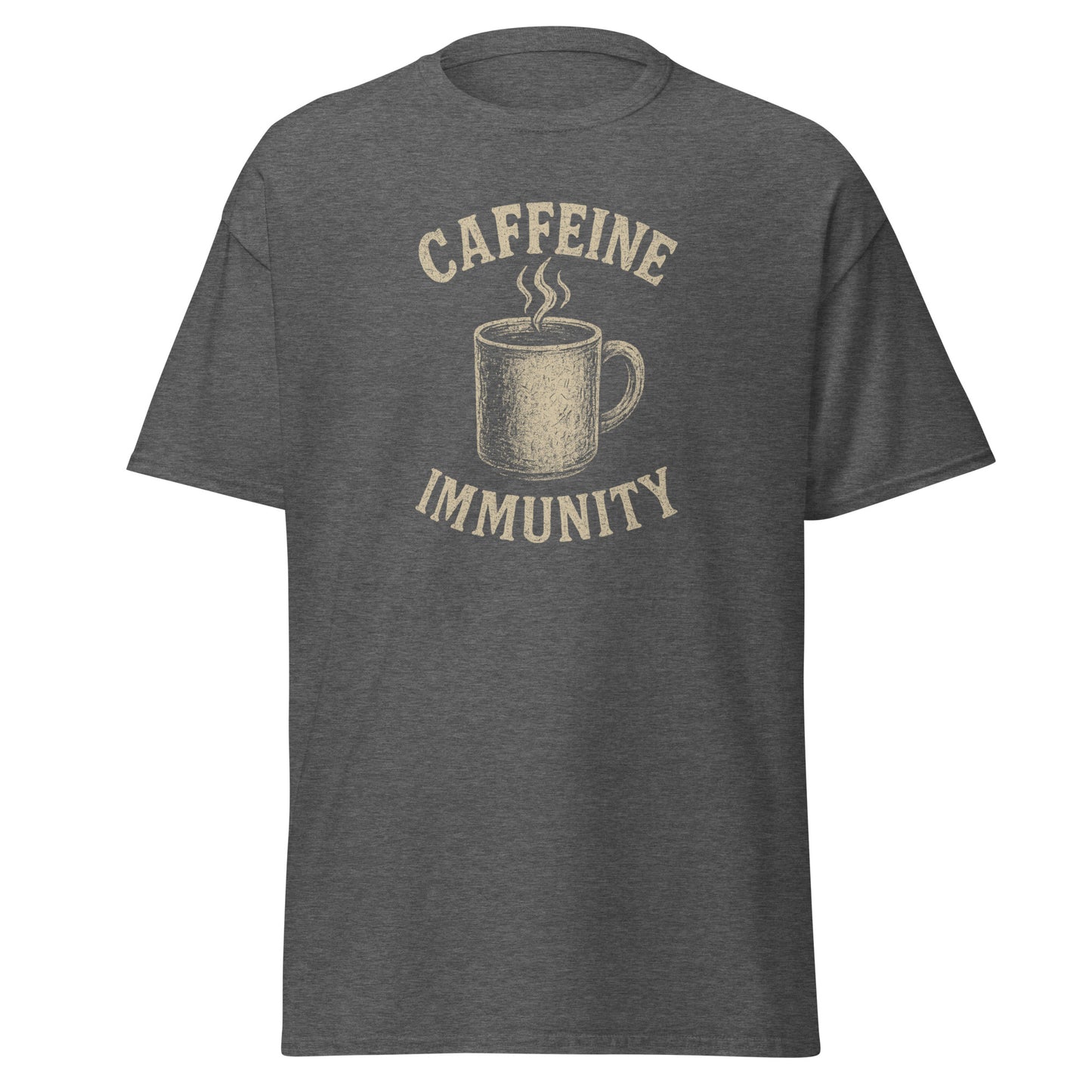 Gray t-shirt with a graphic of a coffee cup and text 'CAFFEINE IMMUNITY' on a white background