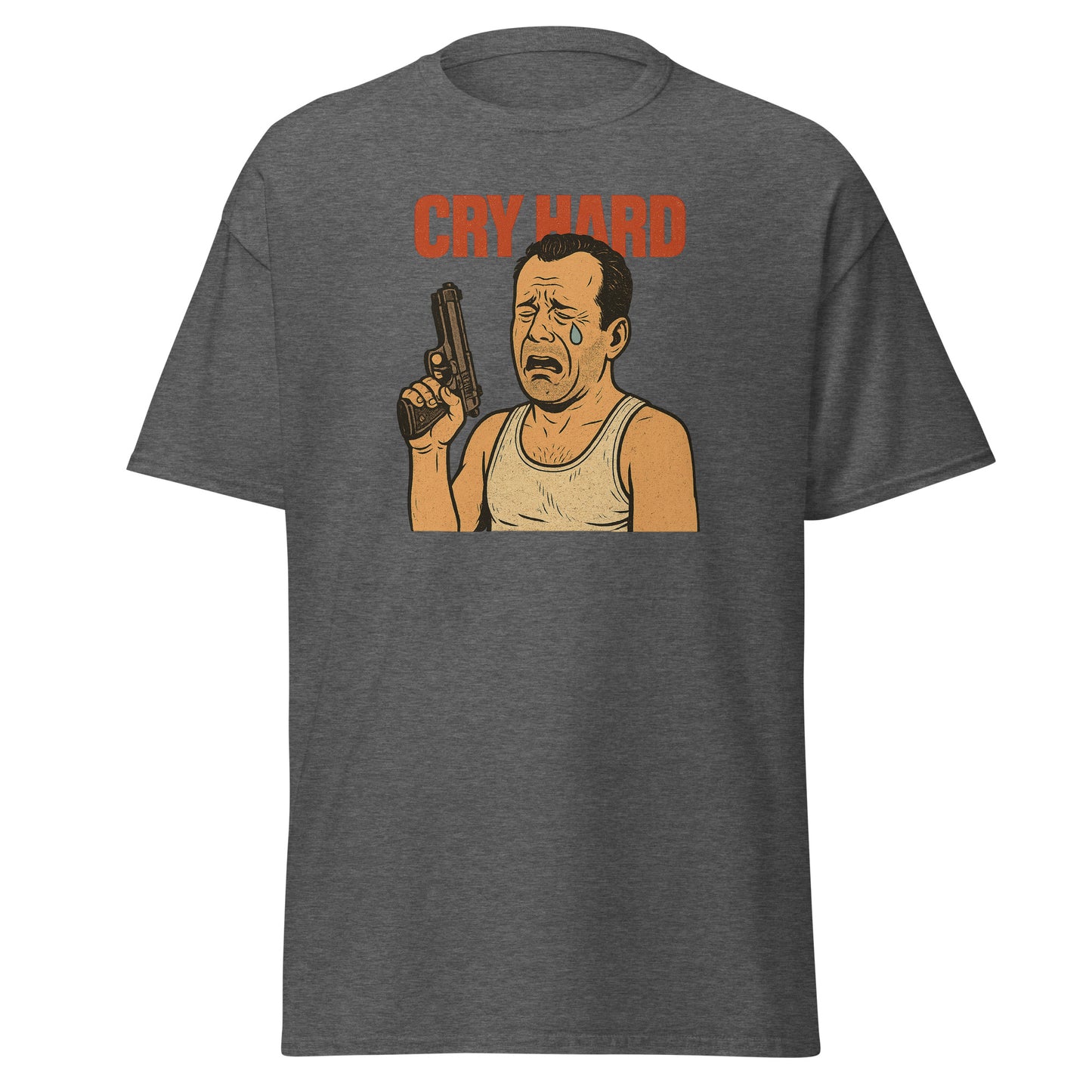 Gray t-shirt with graphic of a man holding a gun and text 'Cry Hard' on a white background
