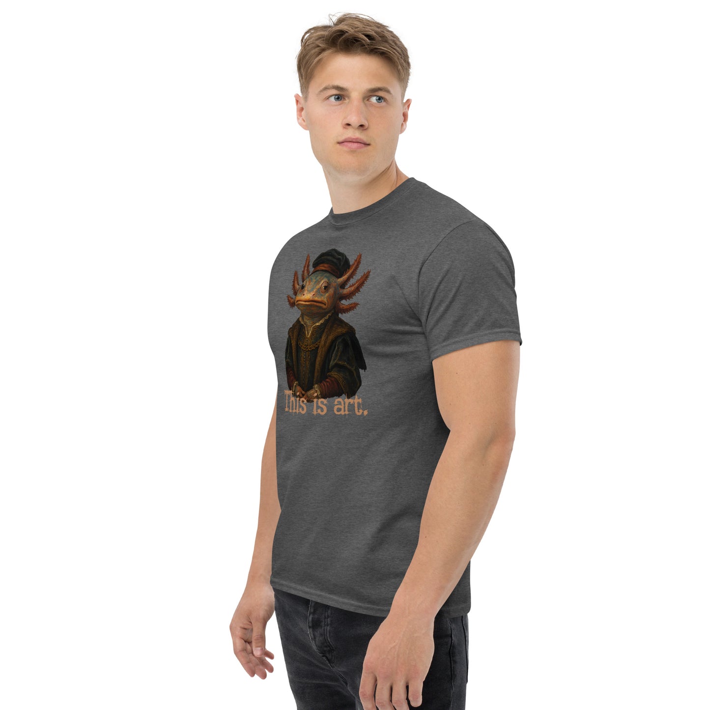 Man wearing a gray t-shirt with a graphic design and text on a white background