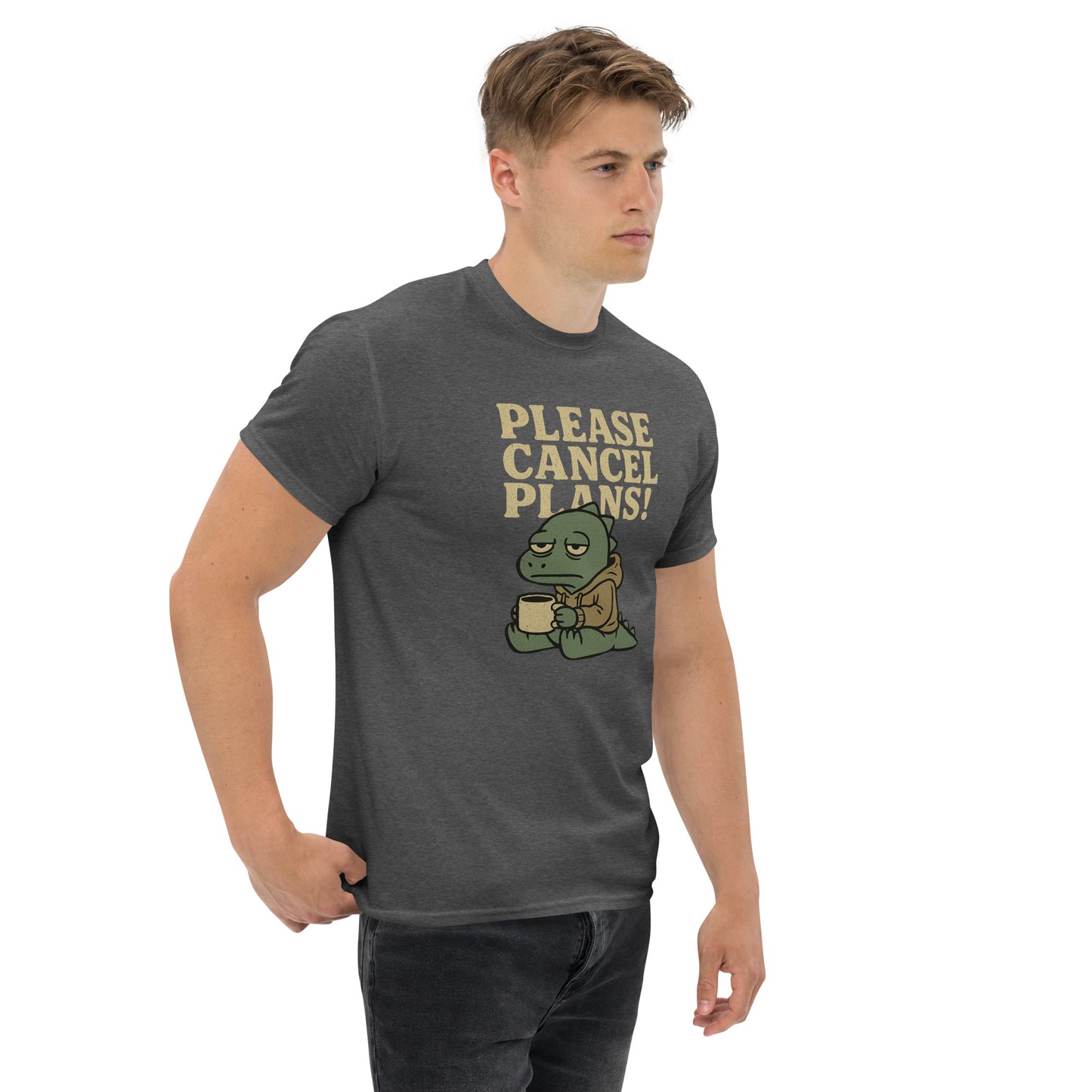 Man wearing a dark gray t-shirt with a graphic and text 'Please Cancel Plans!' on a white background
