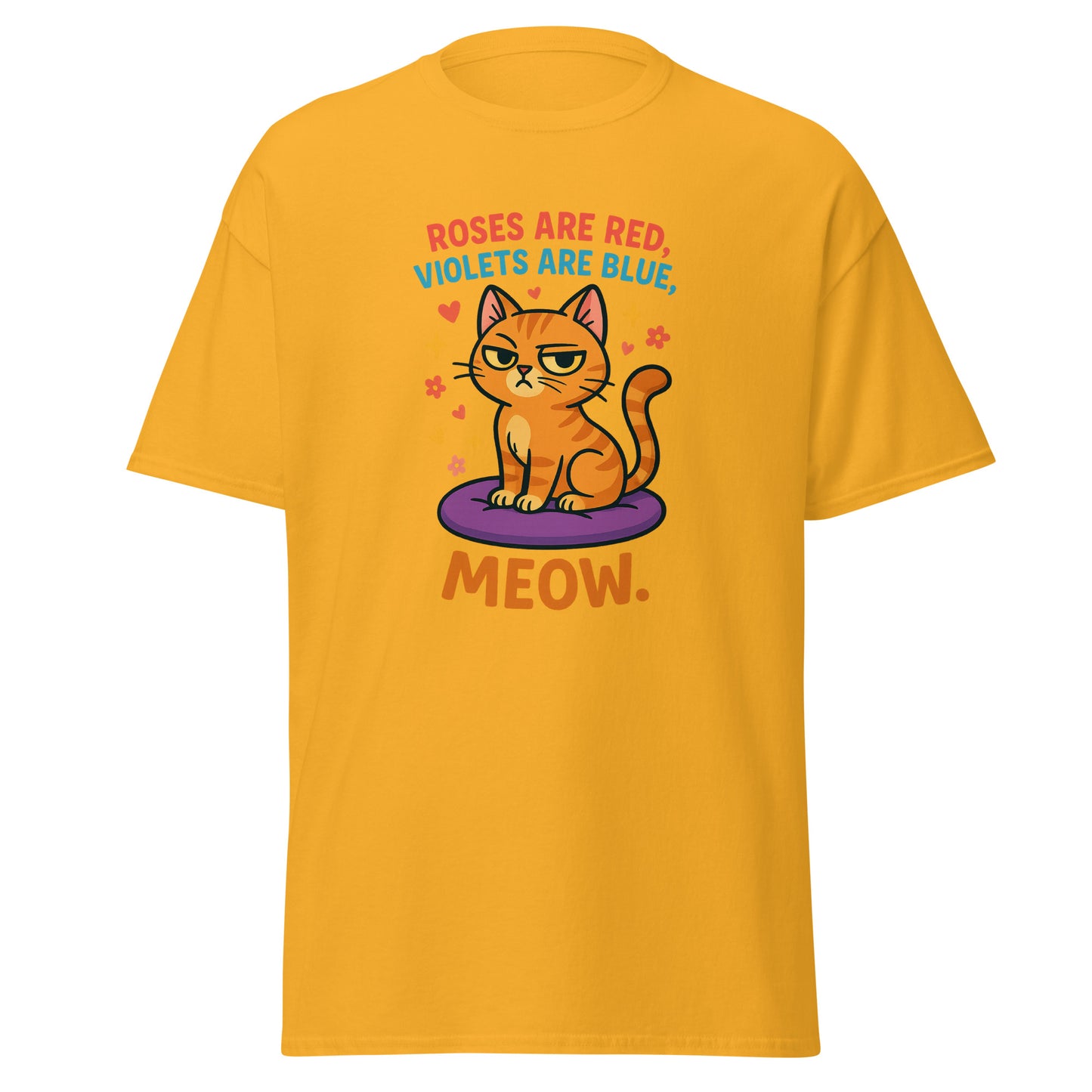 Yellow t-shirt with a cat graphic and text on a white background