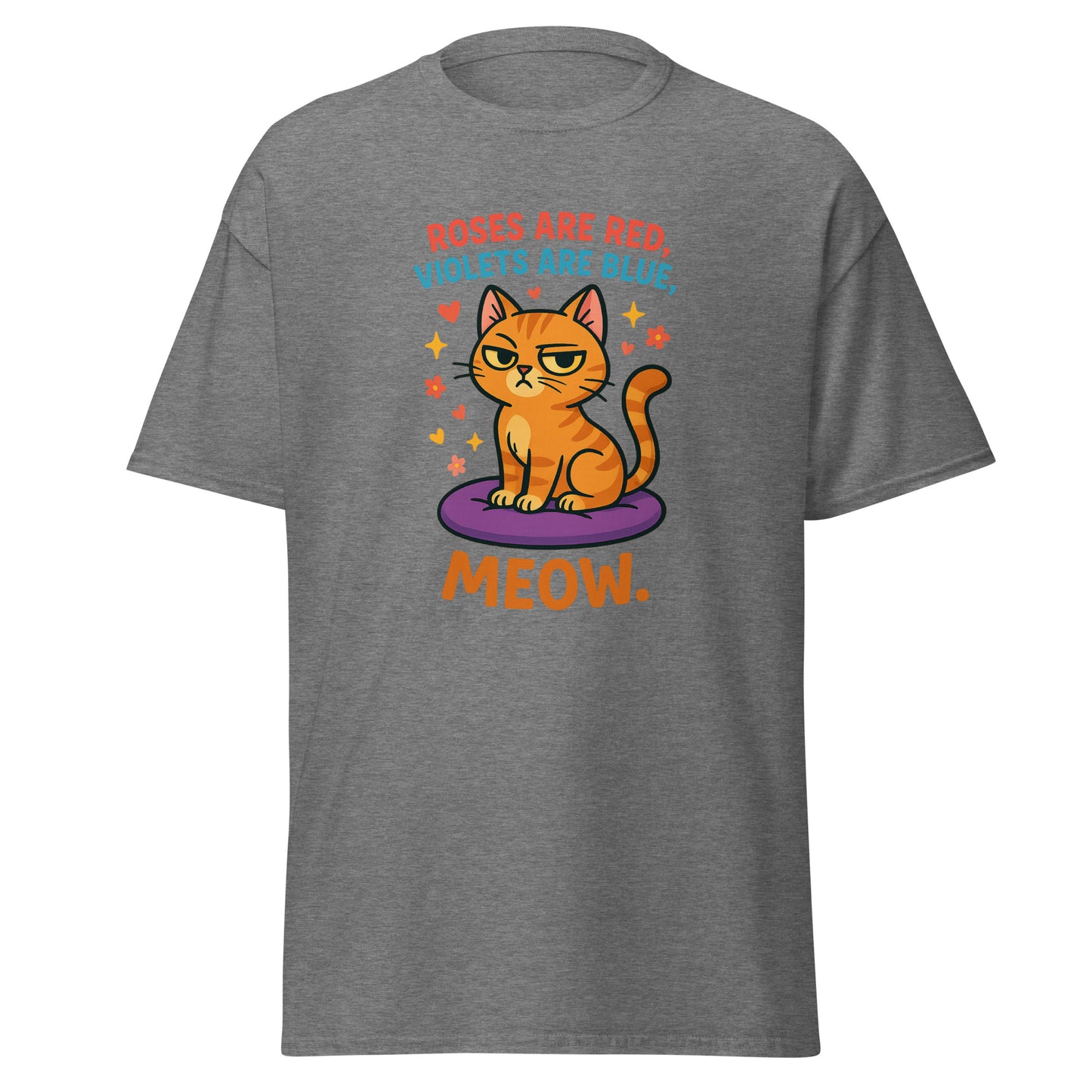 Gray t-shirt with a cat graphic and text on a white background
