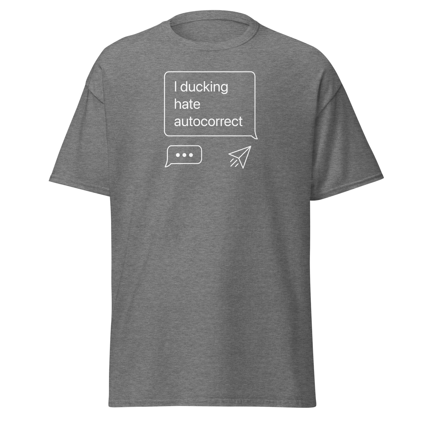 Gray t-shirt with white text and graphics on a white background