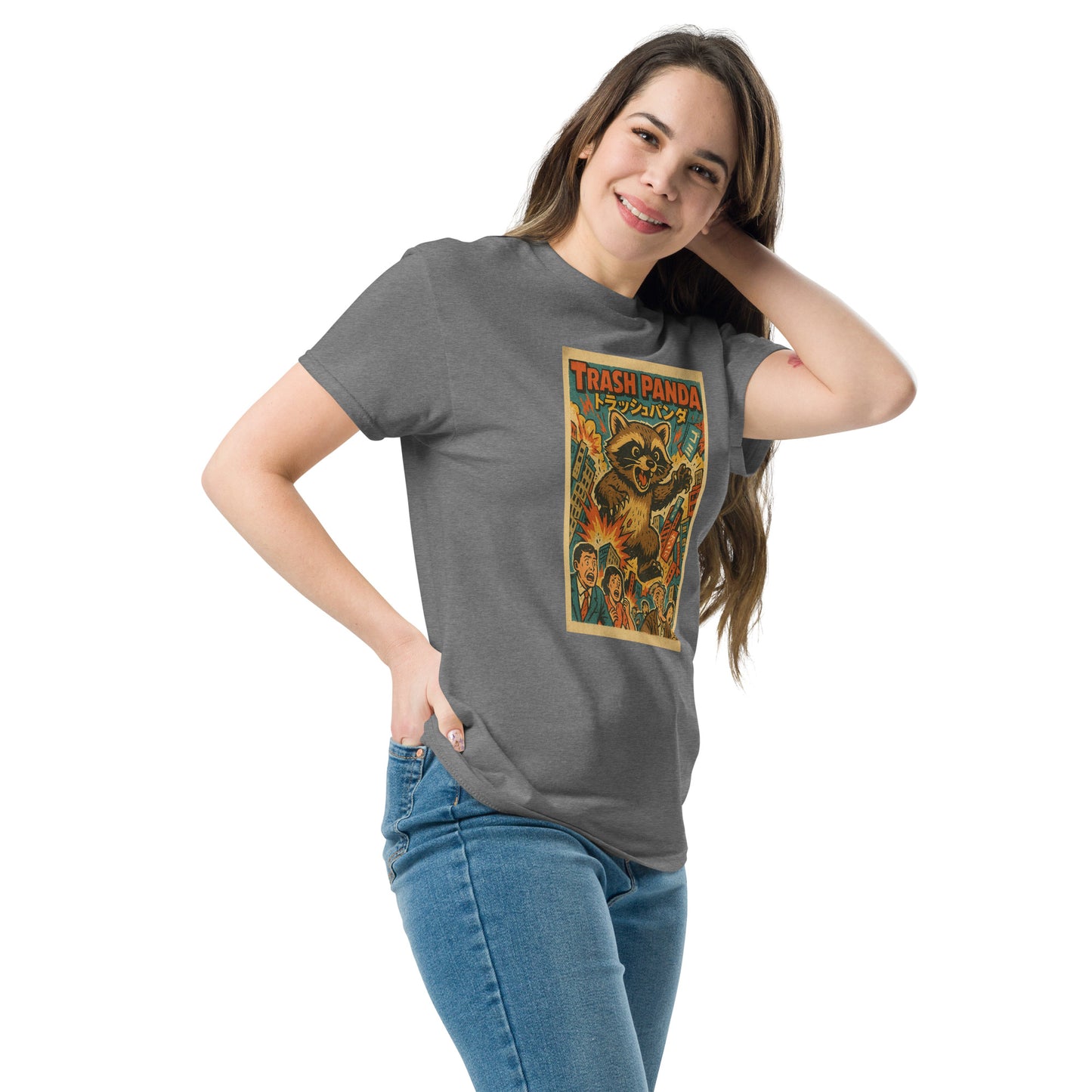 Woman wearing a gray t-shirt with a graphic design on a white background