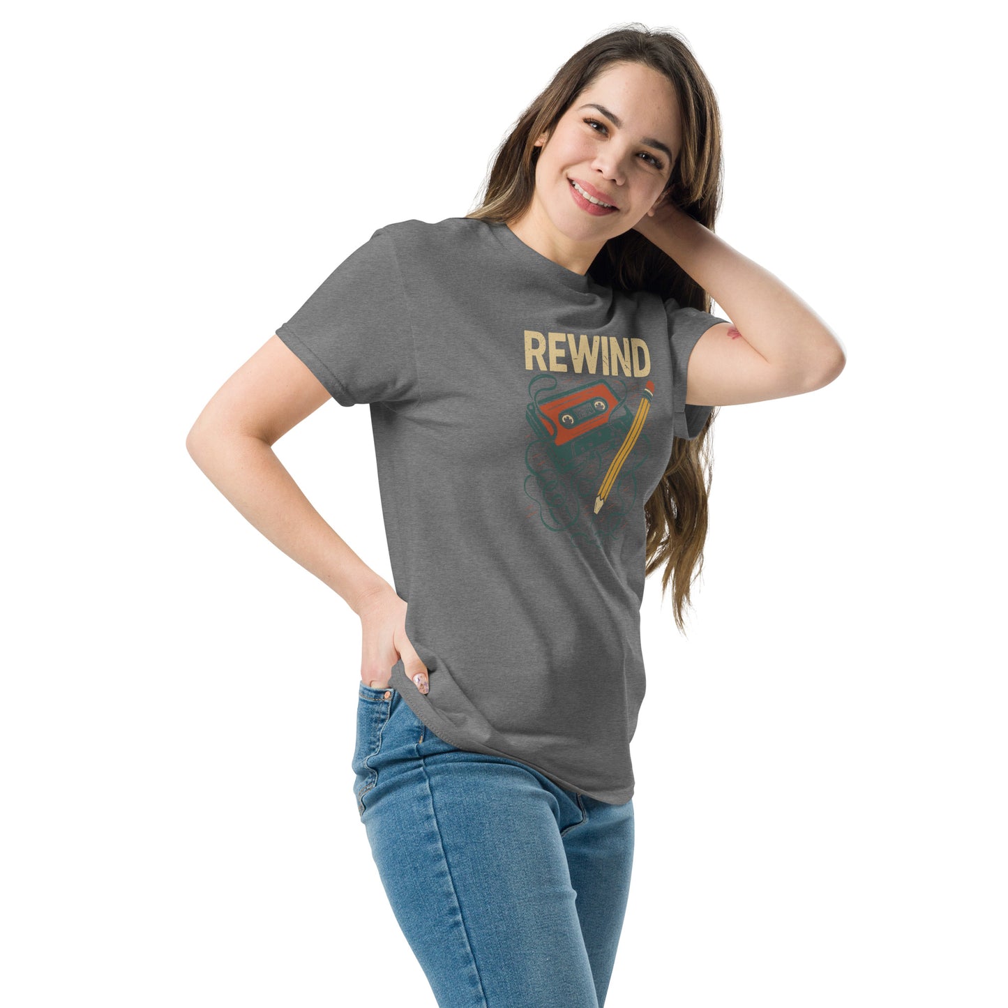 Woman wearing a gray t-shirt with 'REWIND' graphic design on a white background