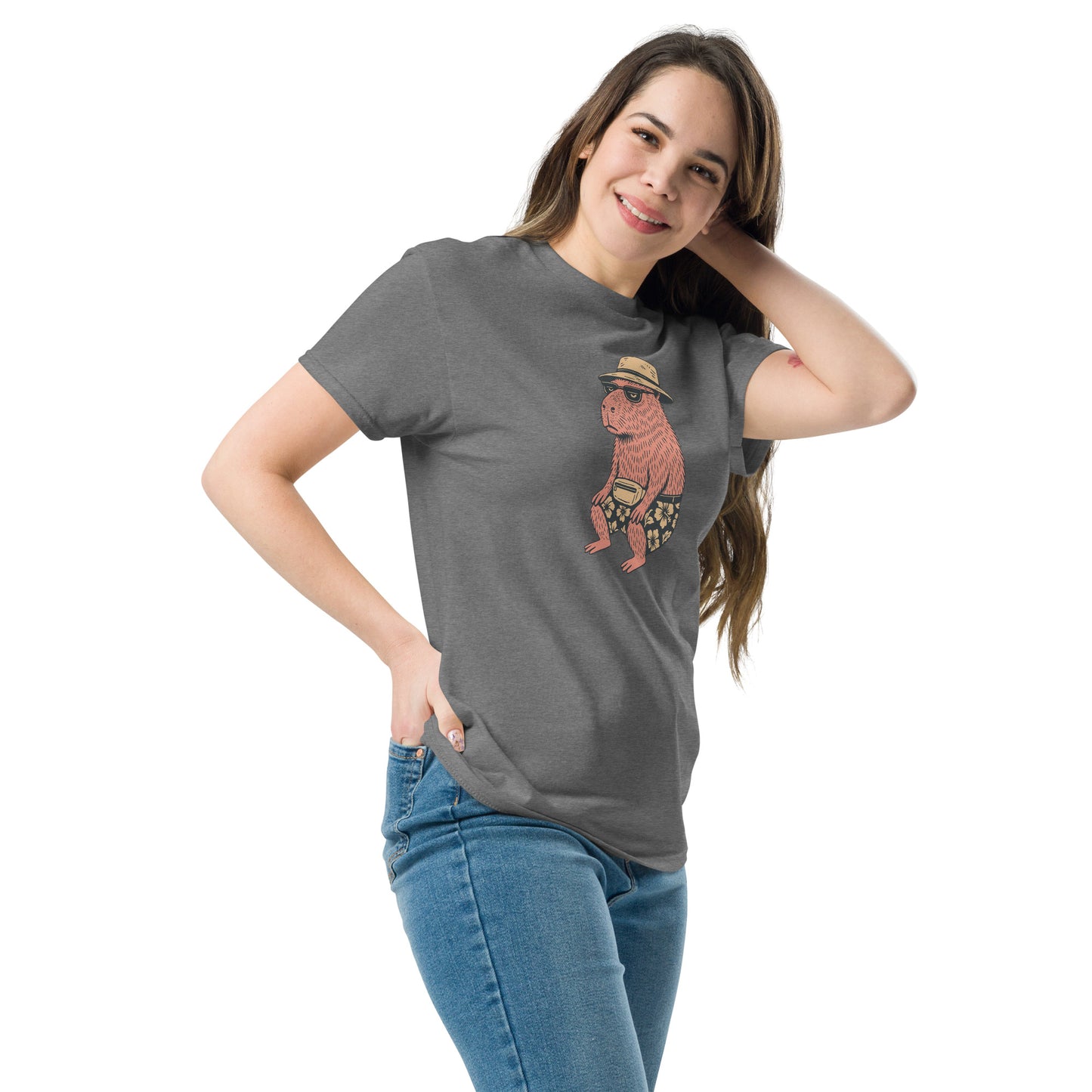 woman wearing gray Unisex Happybara t-shirt with quirky animal design, front view