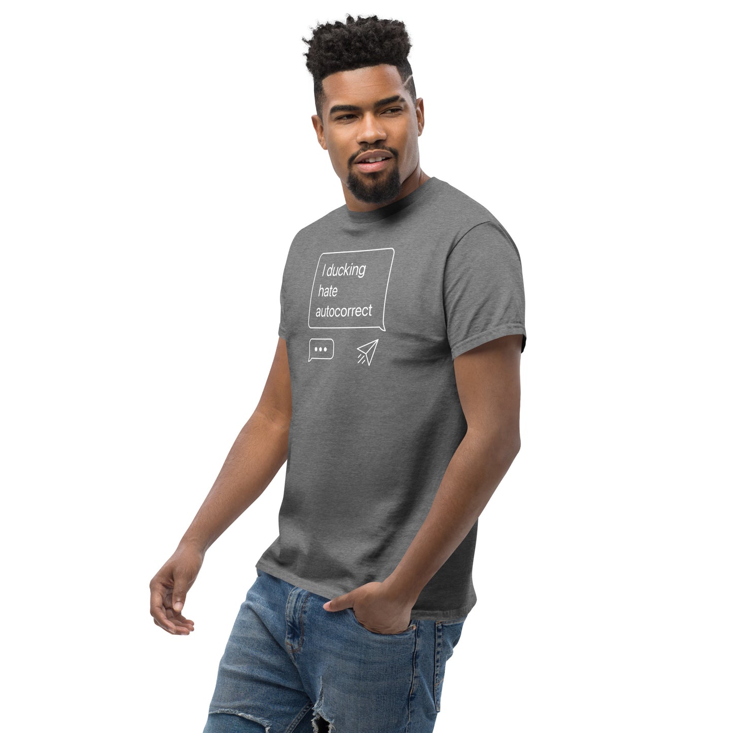Man wearing a gray t-shirt with text and graphics on a white background