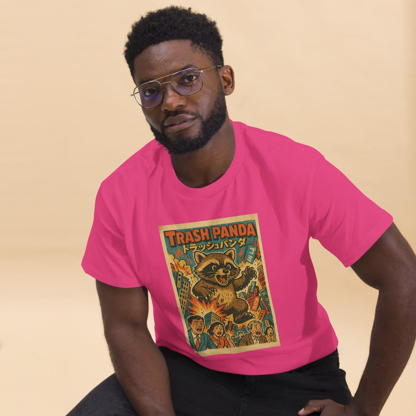 Person wearing a pink t-shirt with 'Trash Panda' graphic design on a beige background