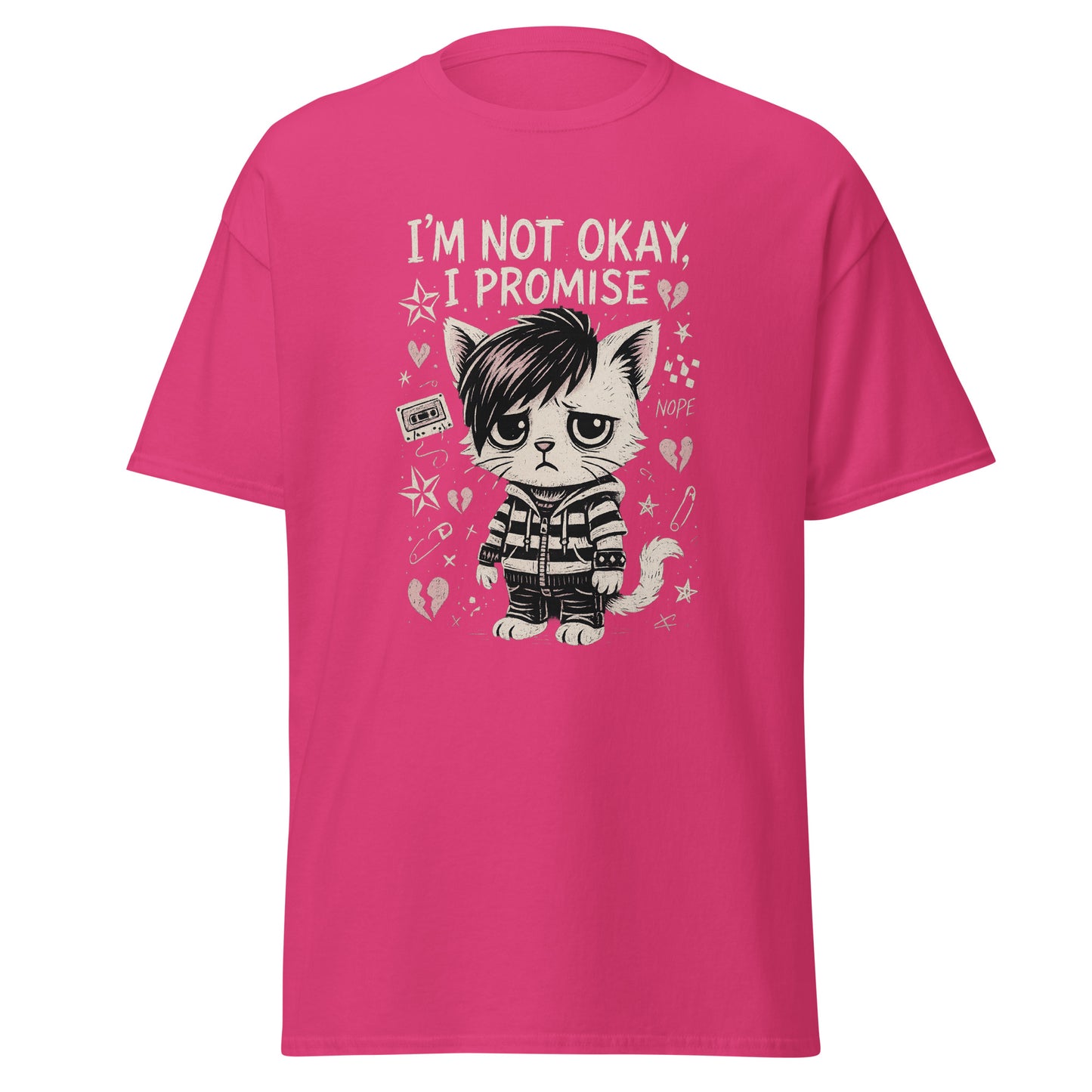 Pink t-shirt with a graphic of a cat in a striped outfit and text 'I'm not okay, I promise' on a white background.