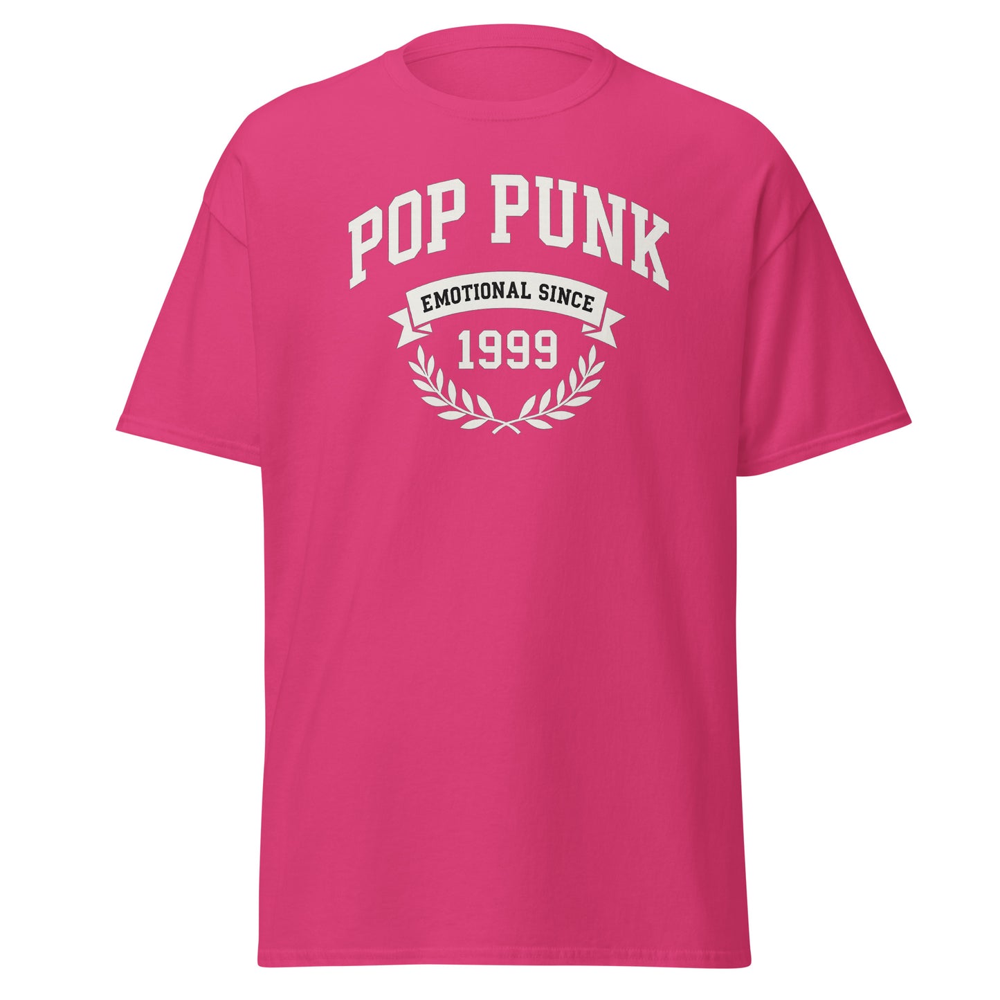 Pink t-shirt with 'Pop Punk Emotional Since 1999' text on a white background