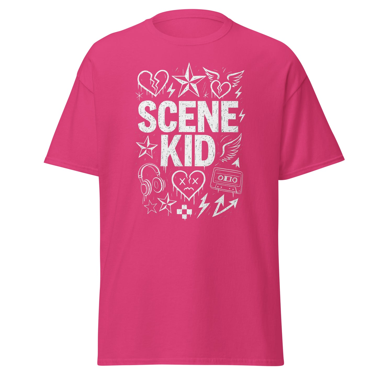 Pink t-shirt with 'SCENE KID' design on a white background