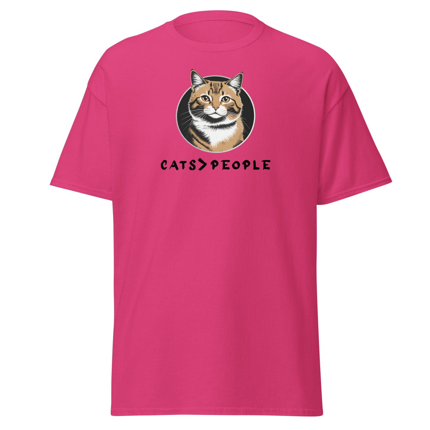 Pink t-shirt with a cat graphic and 'CATS > PEOPLE' text on a white background