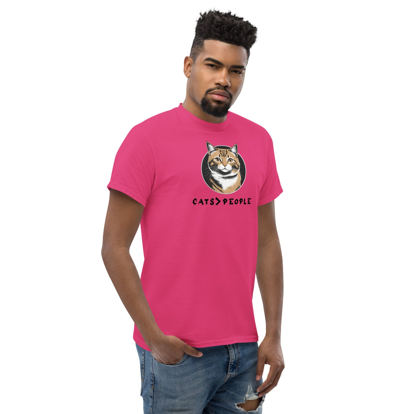 Man wearing a pink t-shirt with a cat graphic and text on a white background