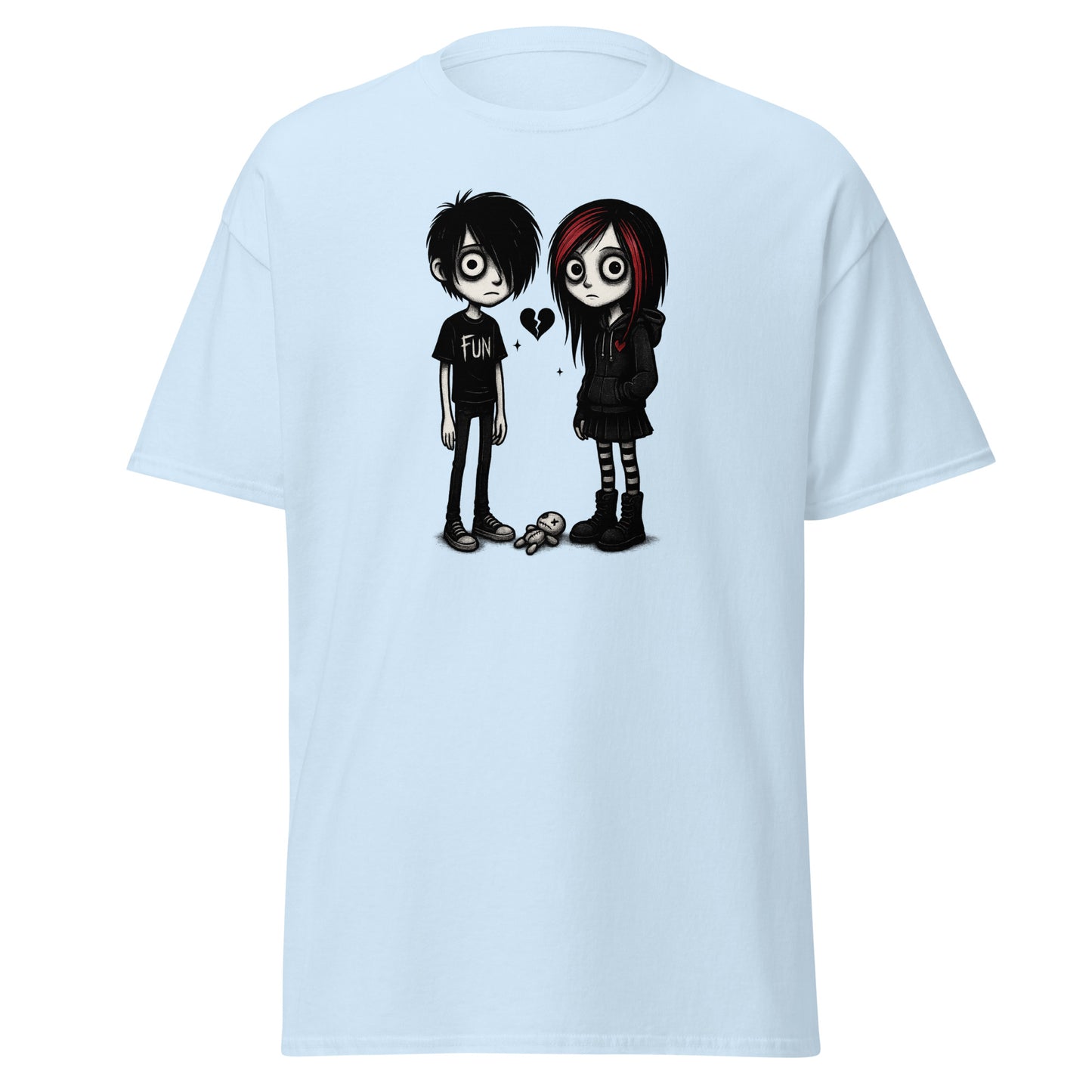 Light blue t-shirt with cartoon characters on a white background