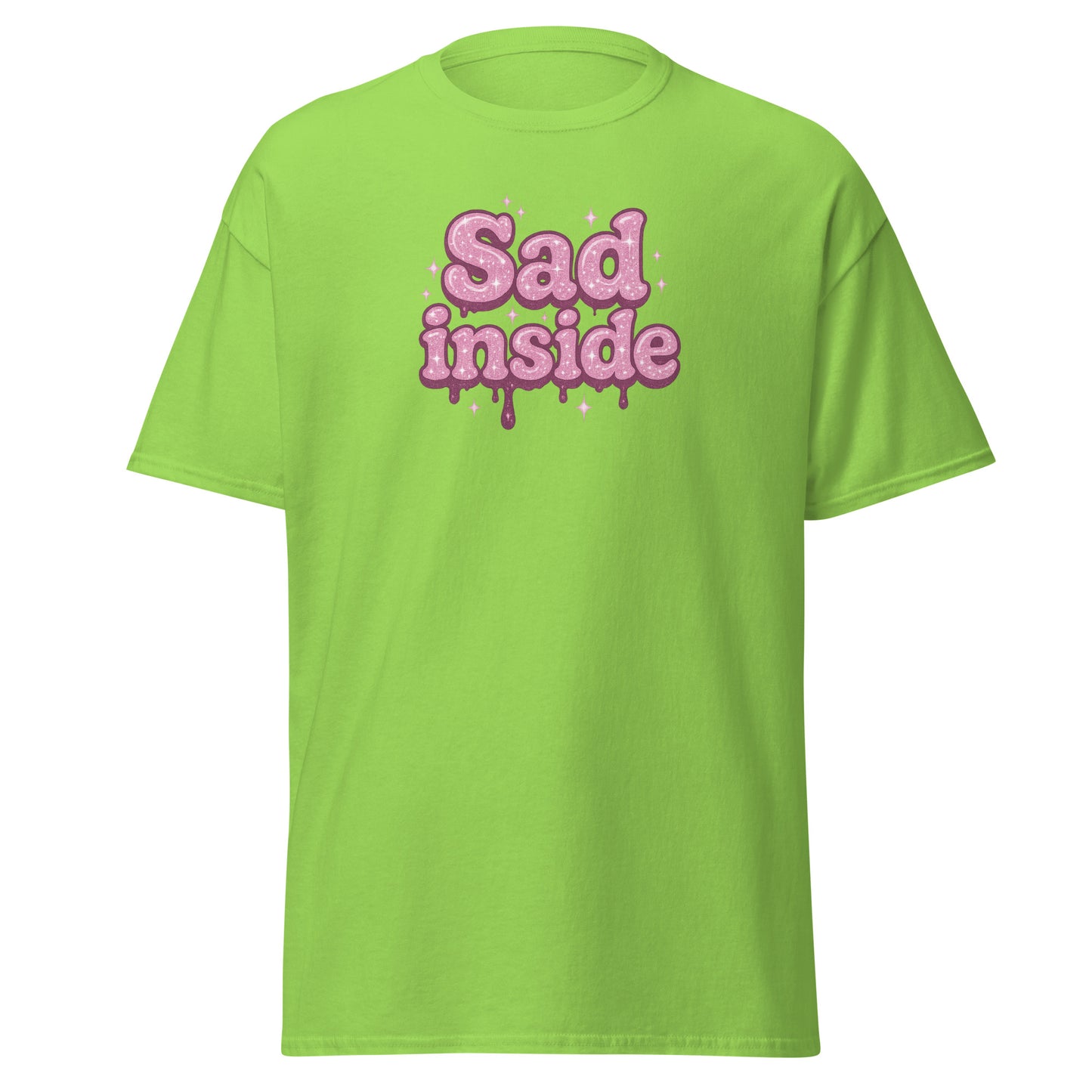Green t-shirt with 'Sad inside' text in pink on a white background