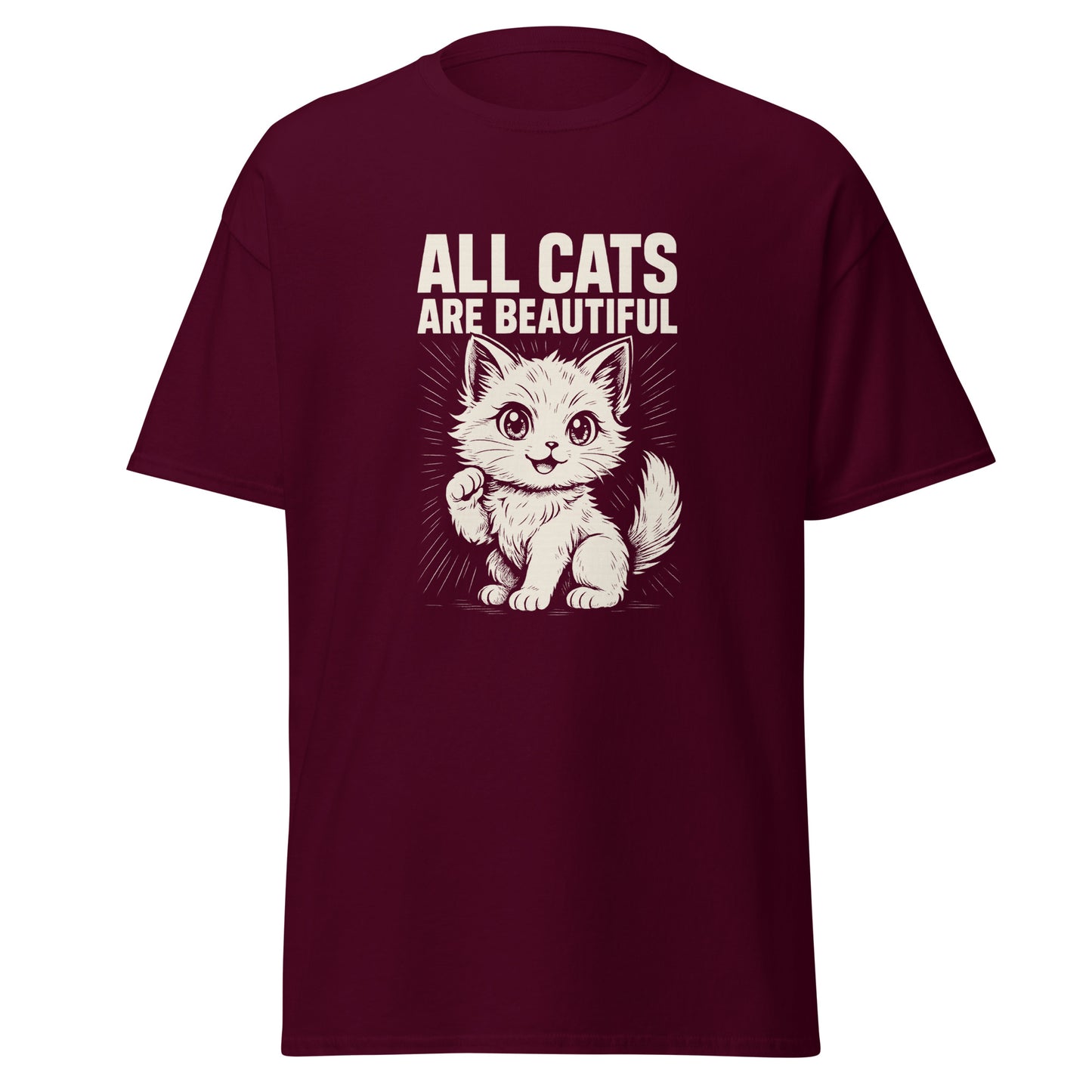 Maroon t-shirt with a graphic of a cat and text 'All Cats Are Beautiful' on a white background