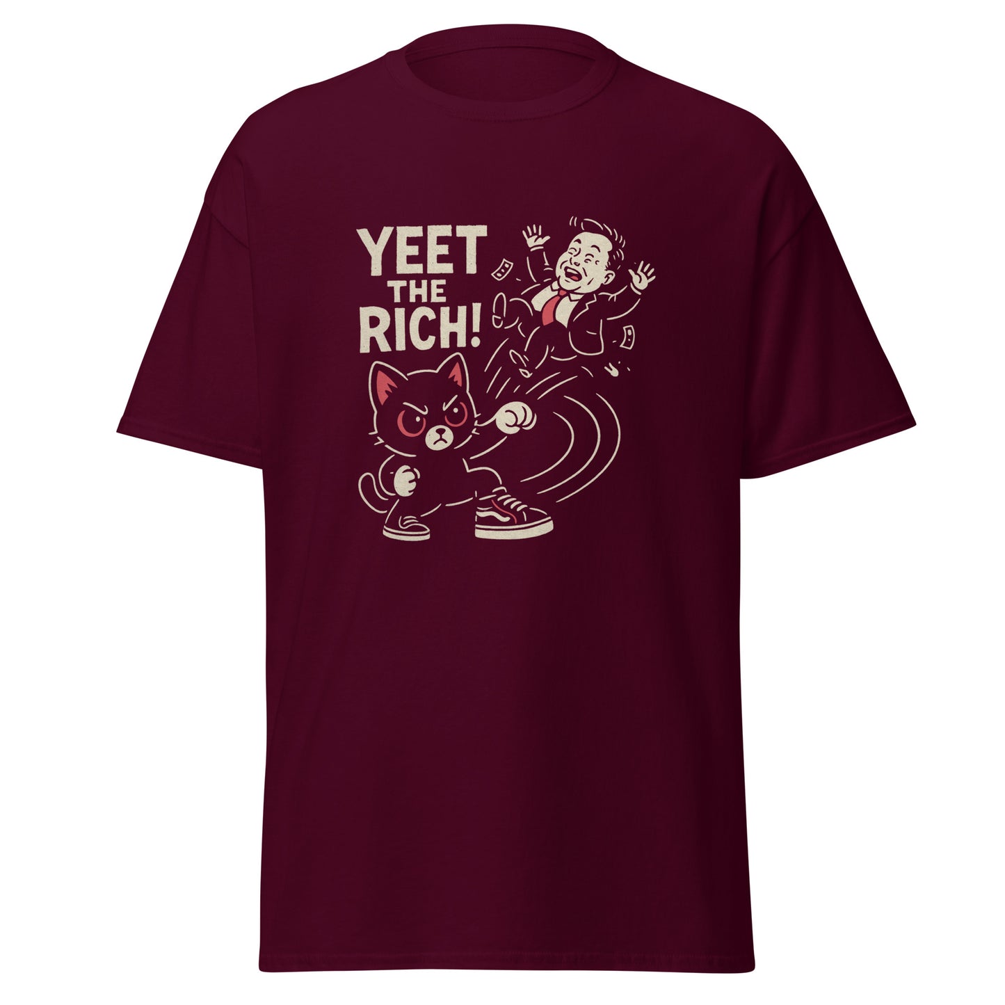 Maroon t-shirt with graphic design and text 'YEET THE RICH!' on a white background