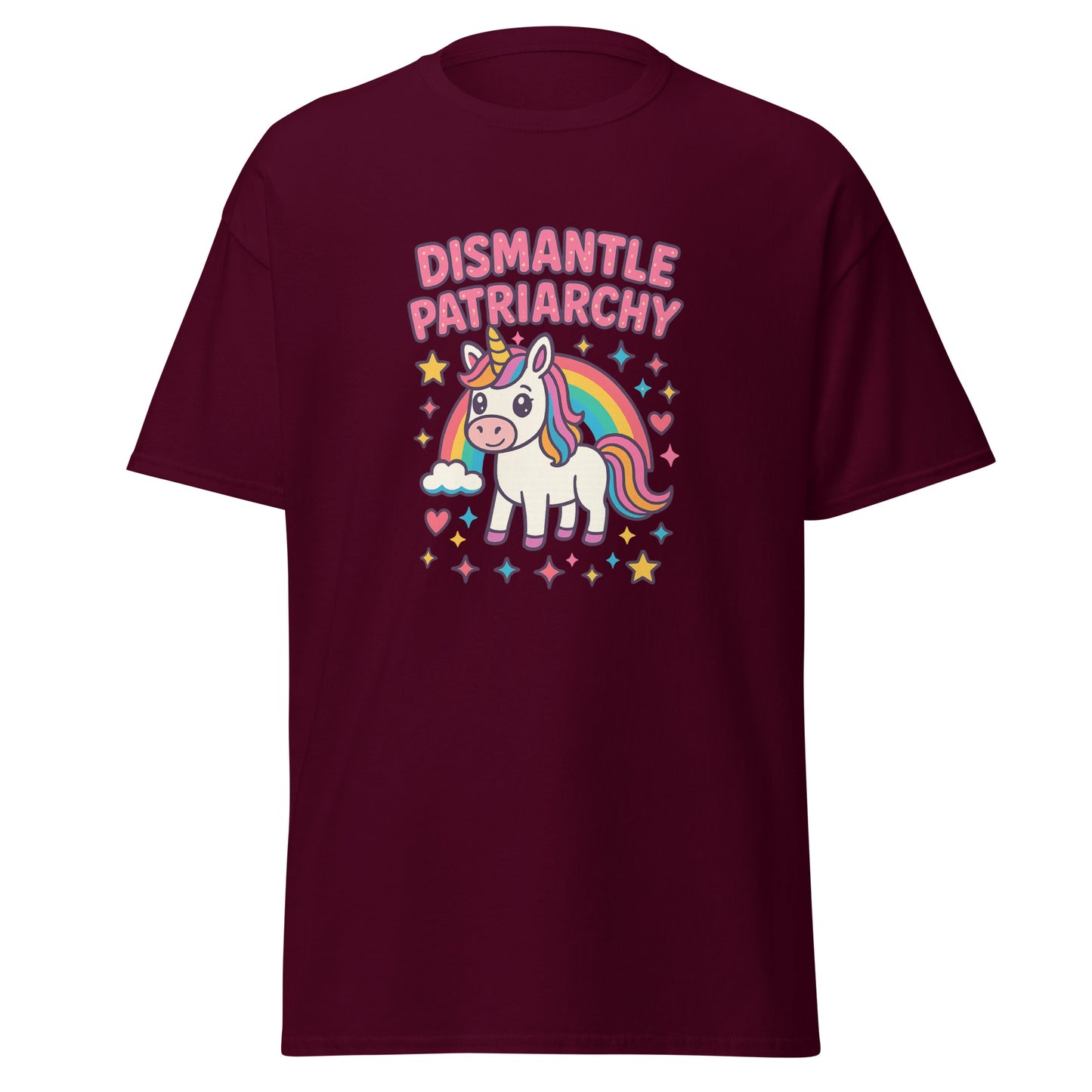 Maroon t-shirt with a unicorn graphic and 'Dismantle Patriarchy' text on a white background