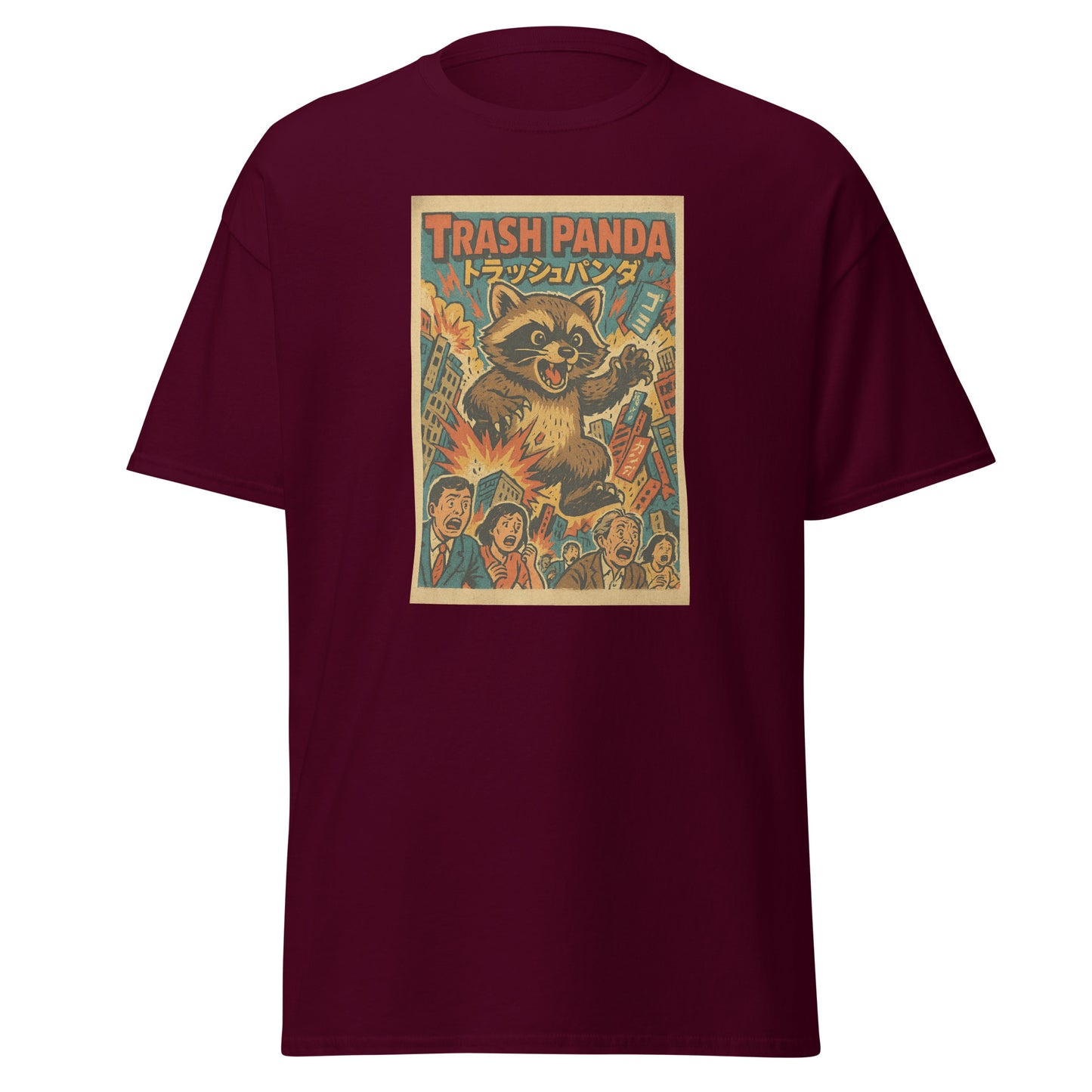 Maroon t-shirt with 'Trash Panda' graphic design on a white background