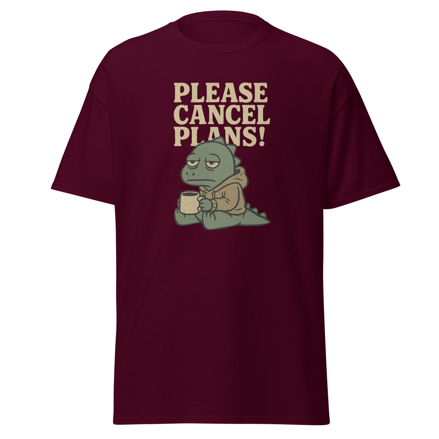 Maroon t-shirt with a graphic of a frog holding a coffee cup and text 'Please Cancel Plans!' on a white background.