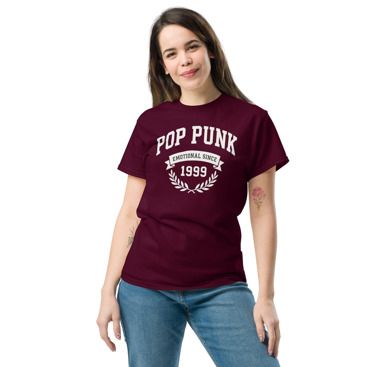 Woman wearing a maroon t-shirt with 'POP PUNK Emotional Since 1999' text on a white background