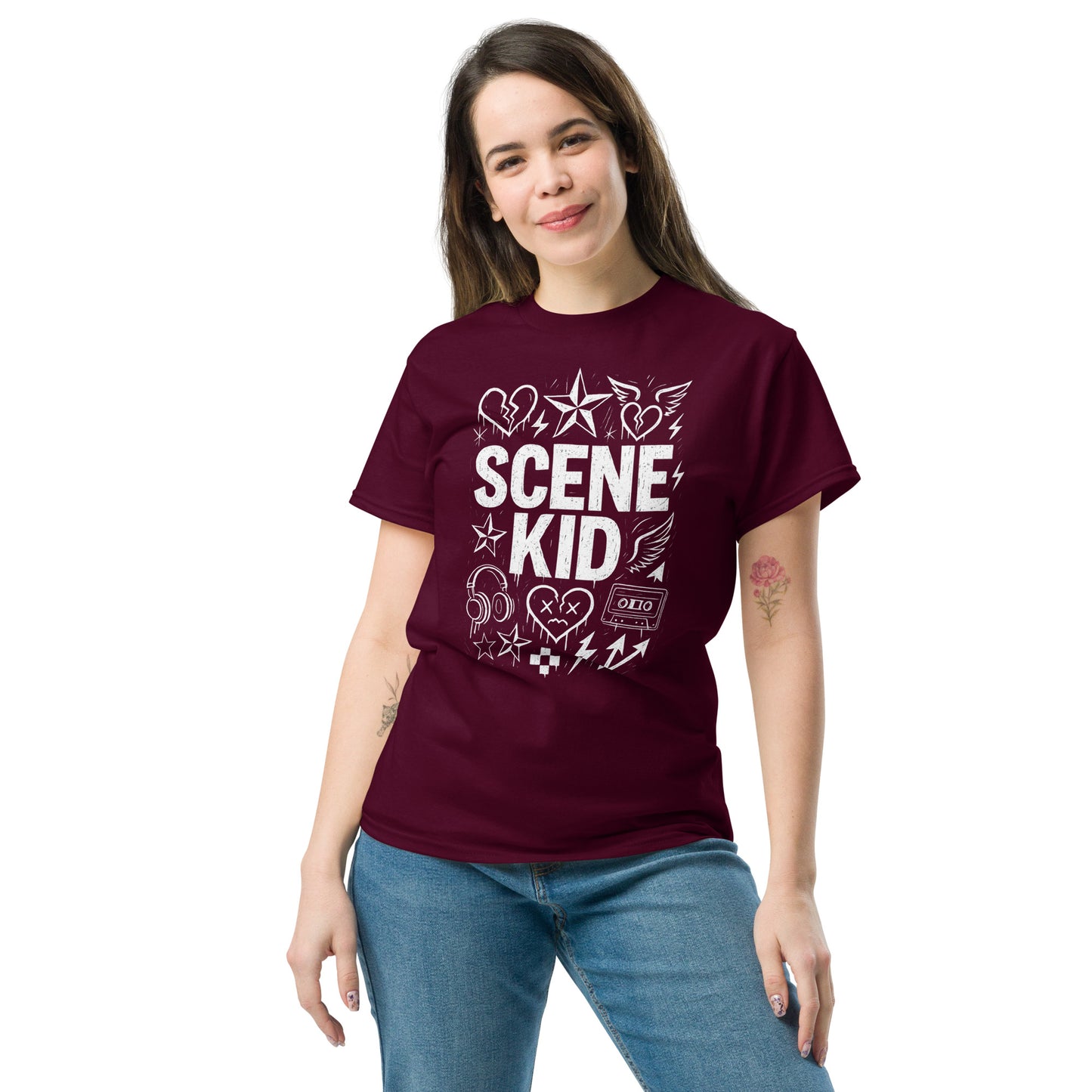 Woman wearing a maroon t-shirt with 'SCENE KID' design on a white background