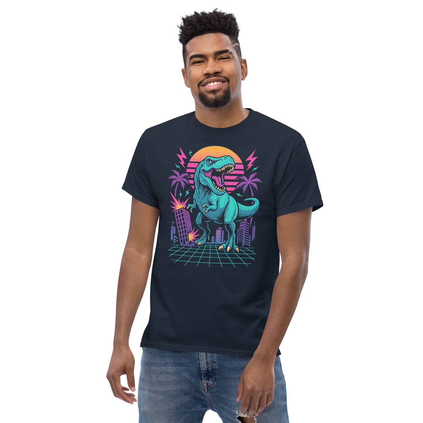 Man wearing a black t-shirt with a colorful dinosaur graphic design on a white background