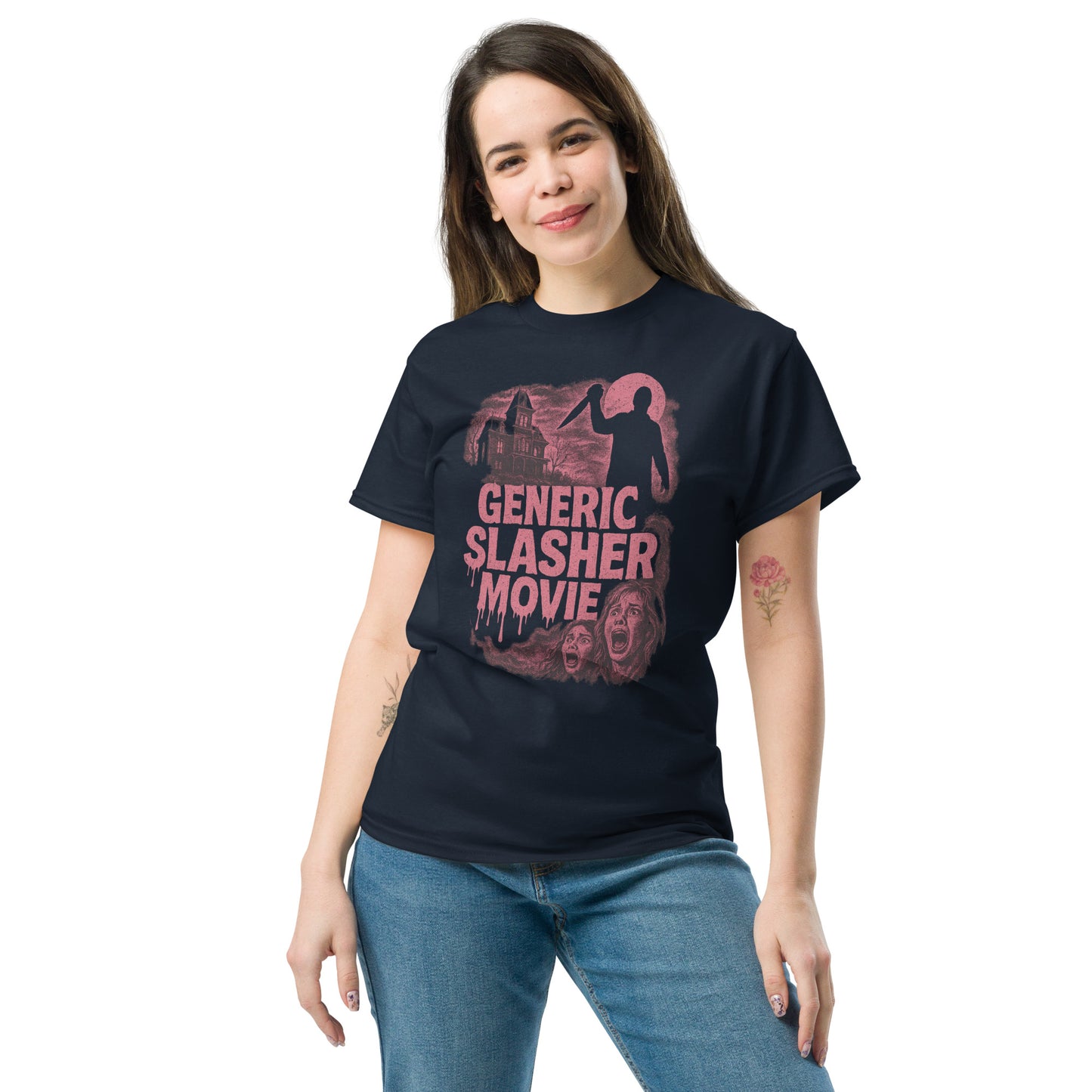 Woman wearing a black t-shirt with 'Generic Slasher Movie' graphic design on a white background