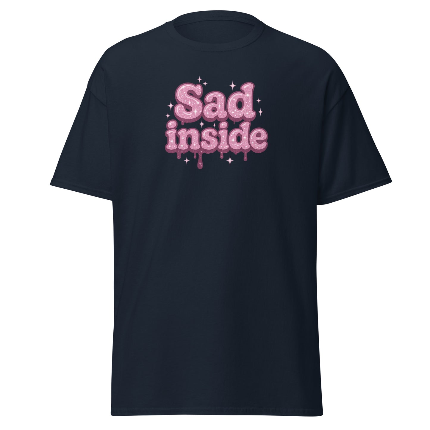 navy blue t-shirt with pink 'Sad inside' text on a white background