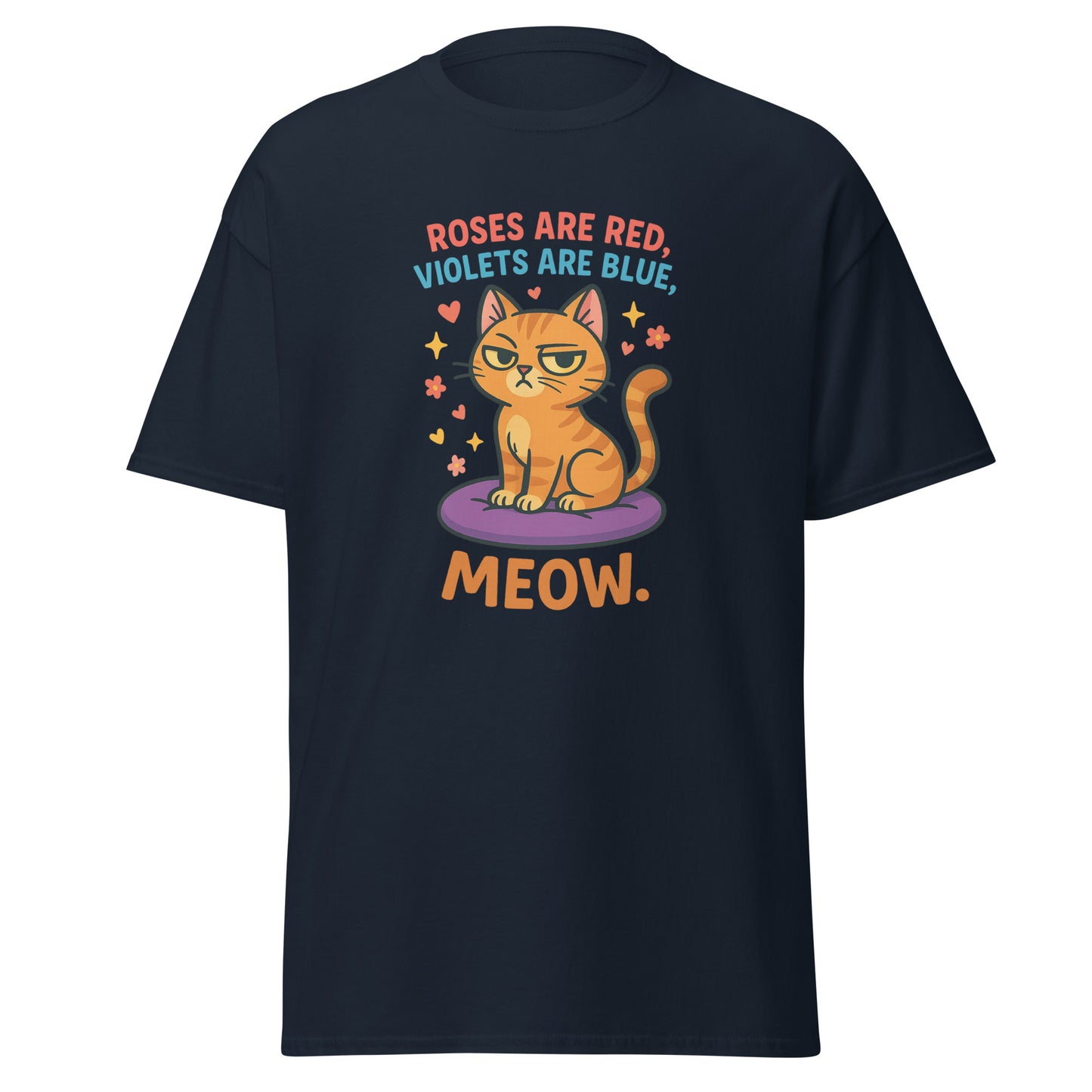 Black t-shirt with a cat graphic and text on a white background