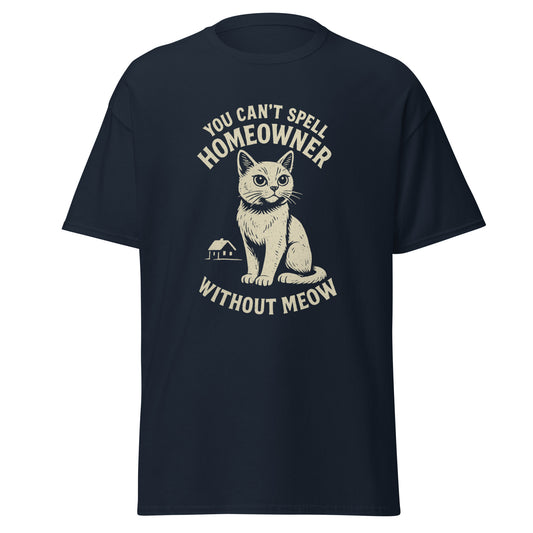 Navy blue t-shirt with a cat graphic and text on a white background