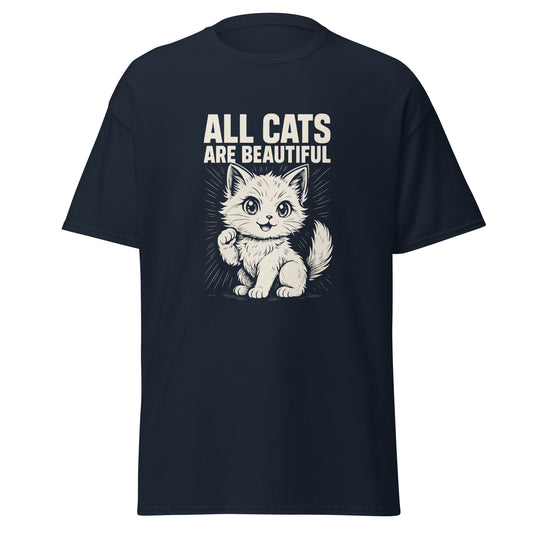 Black t-shirt with a graphic of a cat and text 'All Cats Are Beautiful' on a white background