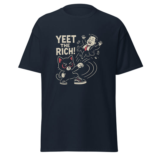 Black t-shirt with graphic design and text 'YEET THE RICH!' on a white background