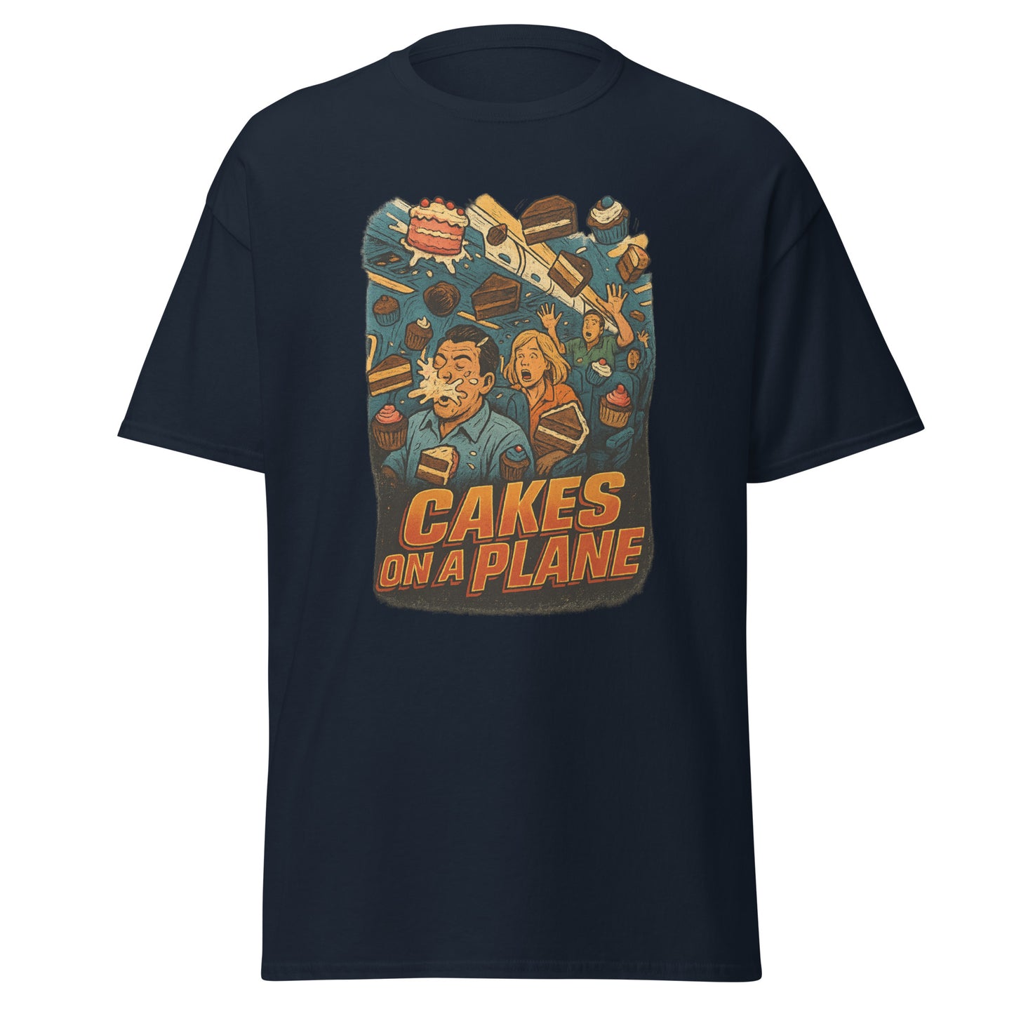 Black t-shirt with 'Cakes on a Plane' graphic design on a white background