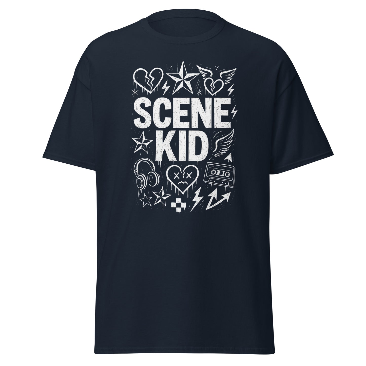 Black t-shirt with 'SCENE KID' graphic design on a white background