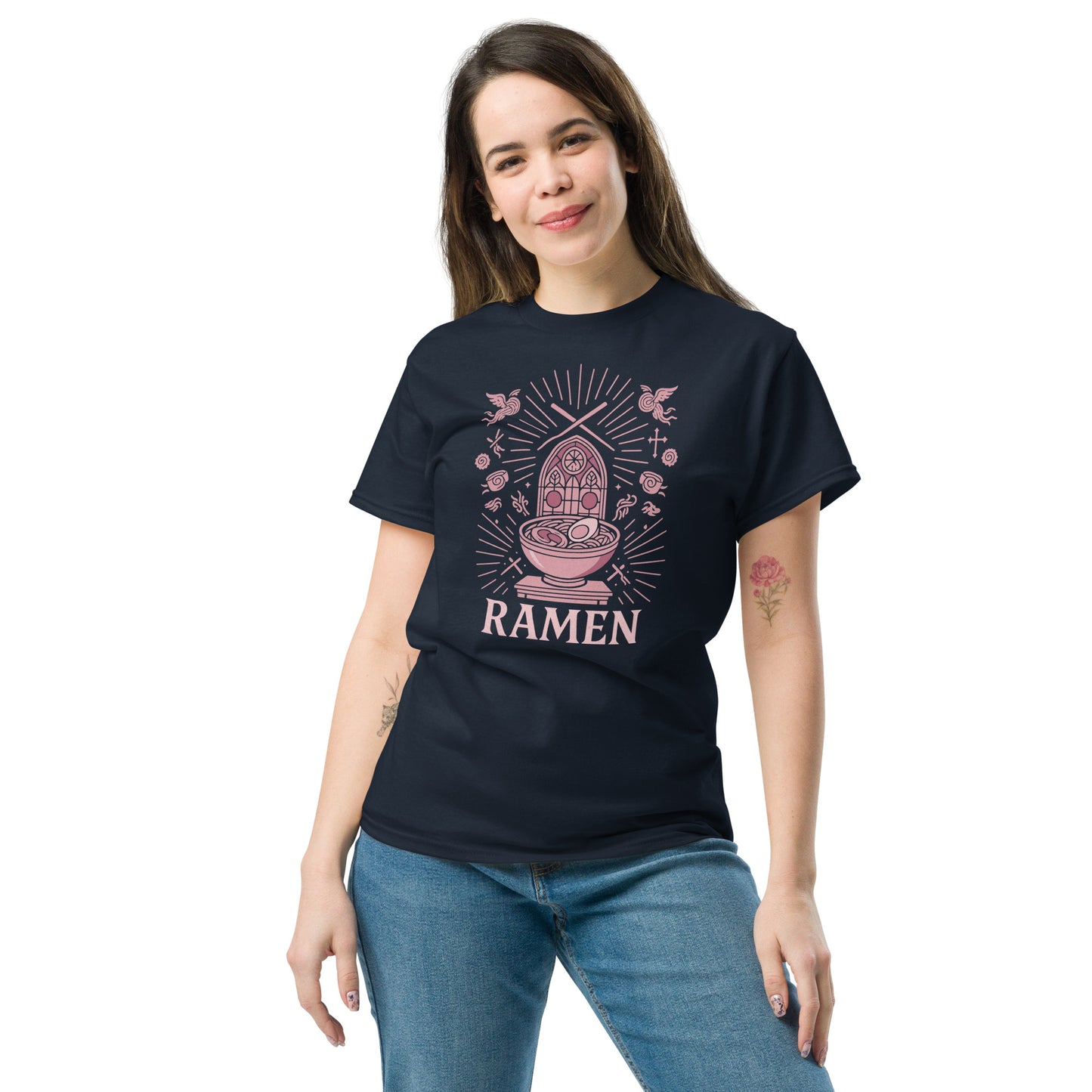 Woman wearing a black t-shirt with a pink ramen graphic and the word 'RAMEN' on a white background
