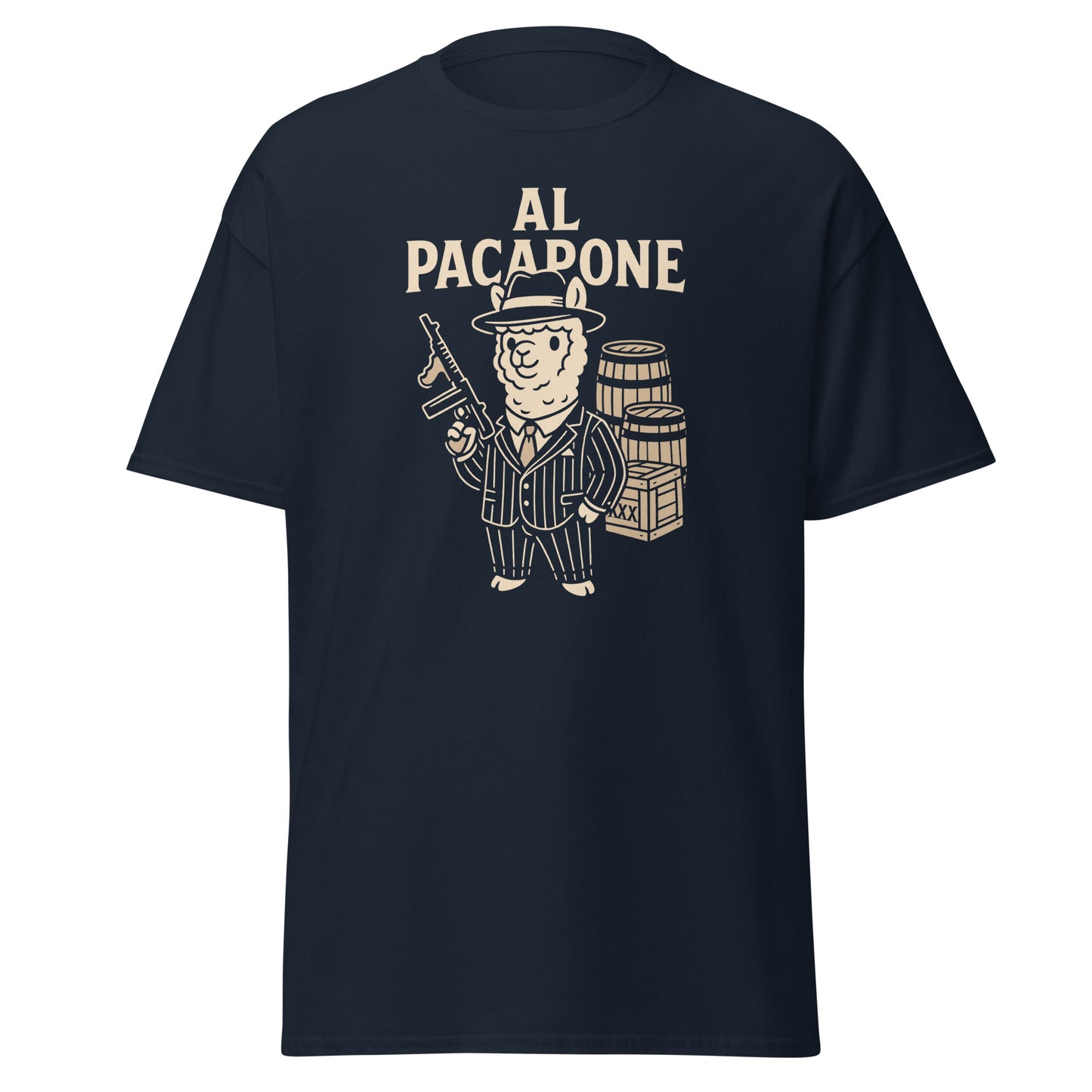 Navy blue t-shirt with a graphic of a bear in a suit and hat, holding a gun, and standing next to a barrel, with 'Al Pacapone' text above.