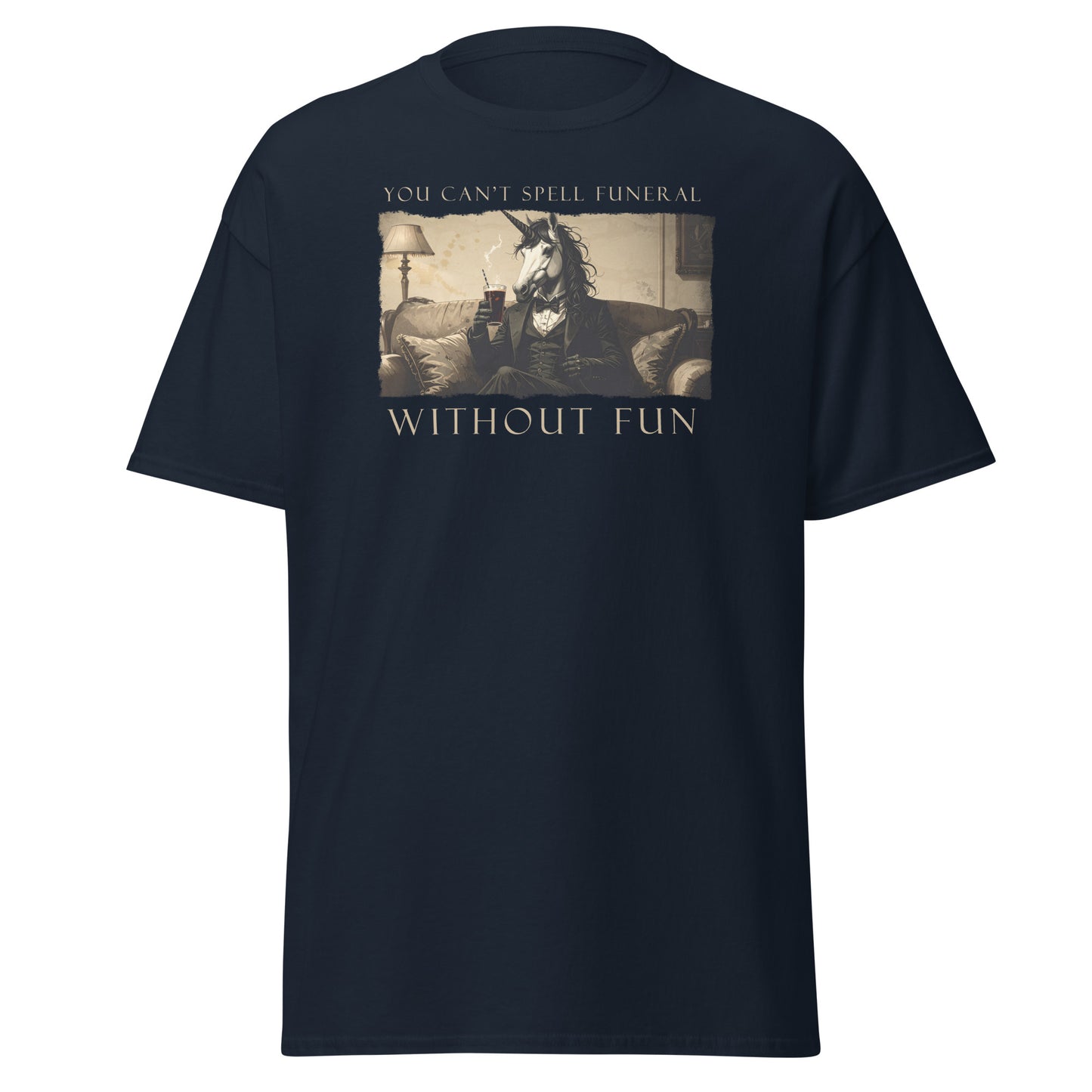 Black t-shirt with graphic design and text on a white background