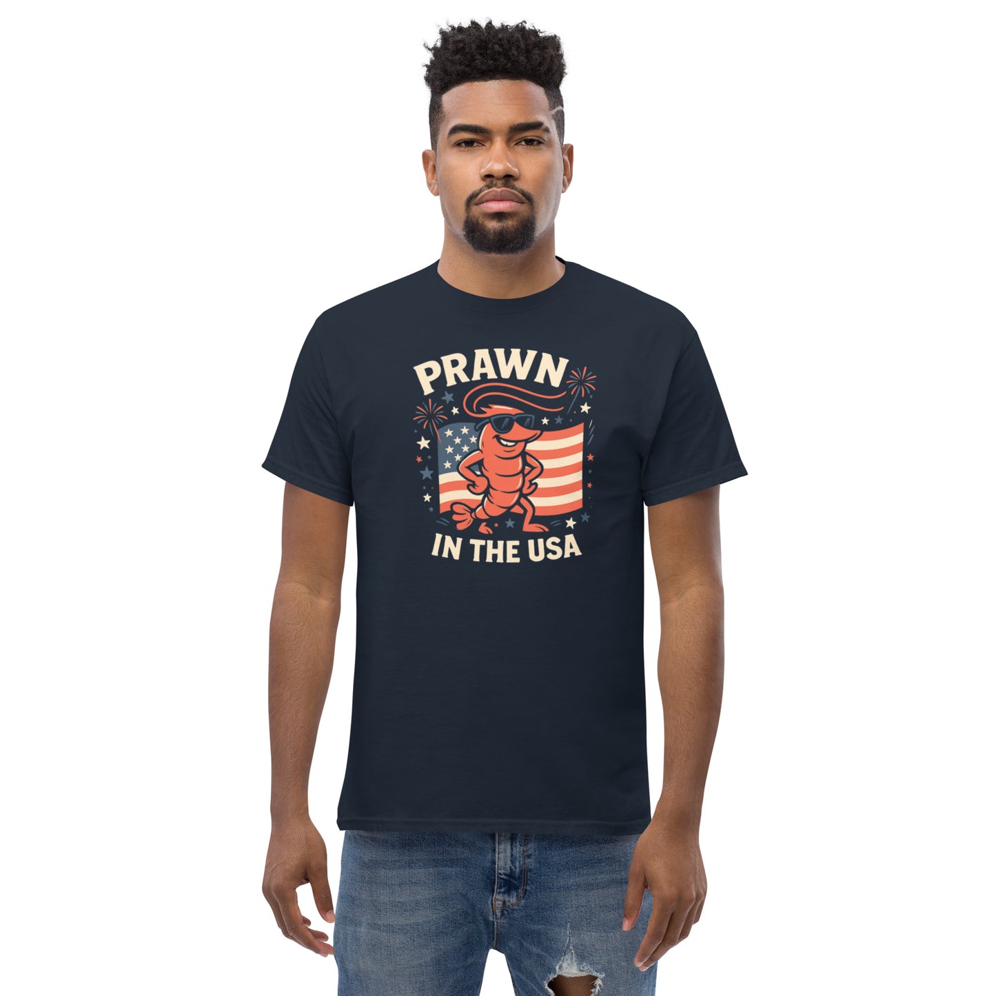 Man wearing a black t-shirt with 'Prawn in the USA' graphic design on a white background
