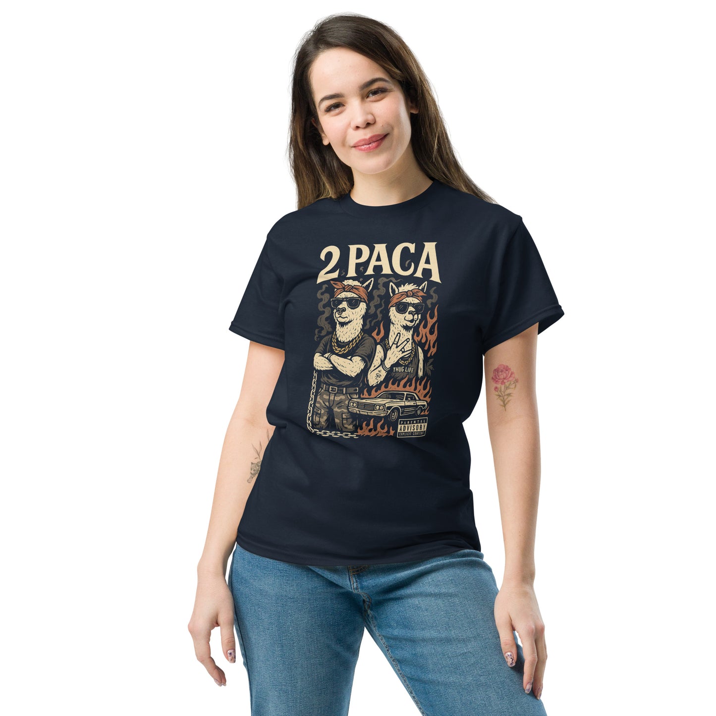 Person wearing a black t-shirt with '2PACA' graphic design on a white background