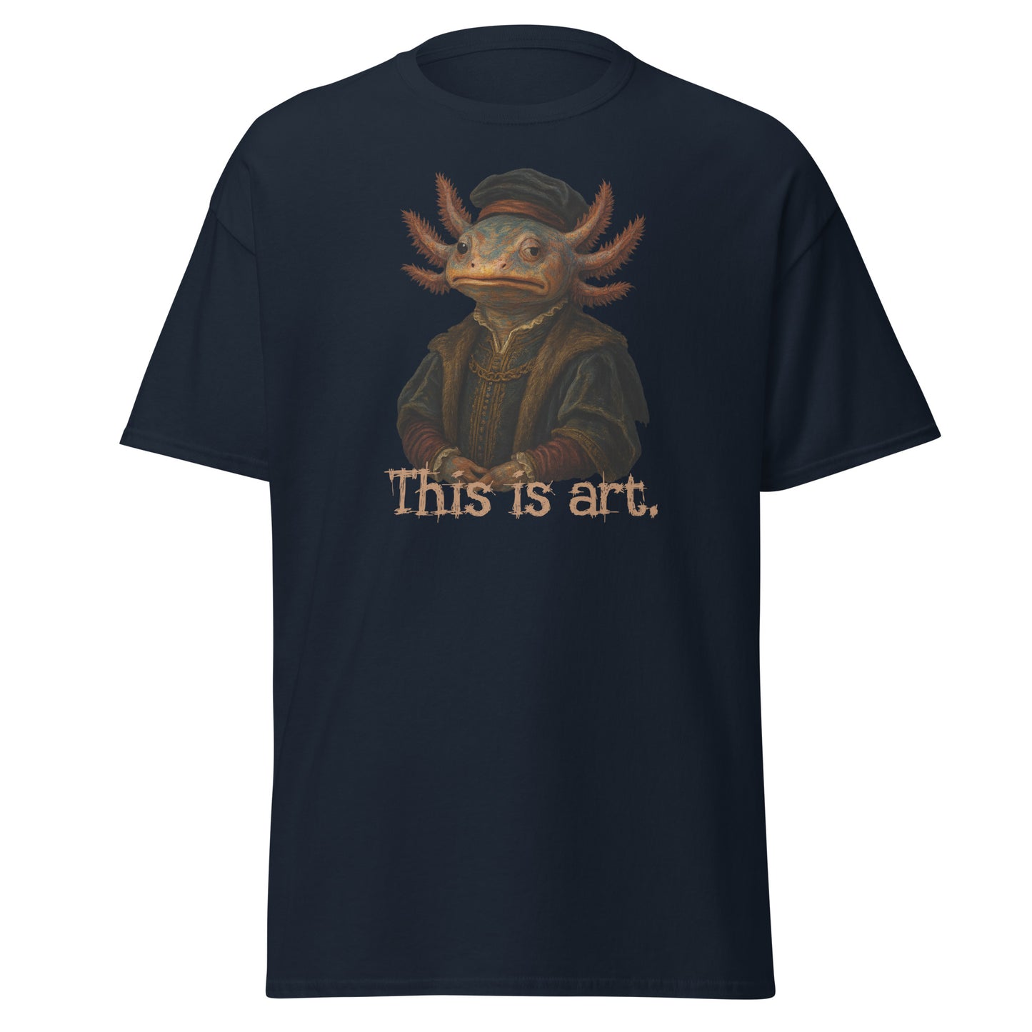 Black t-shirt with a graphic of a creature and 'This is art.' text on a white background