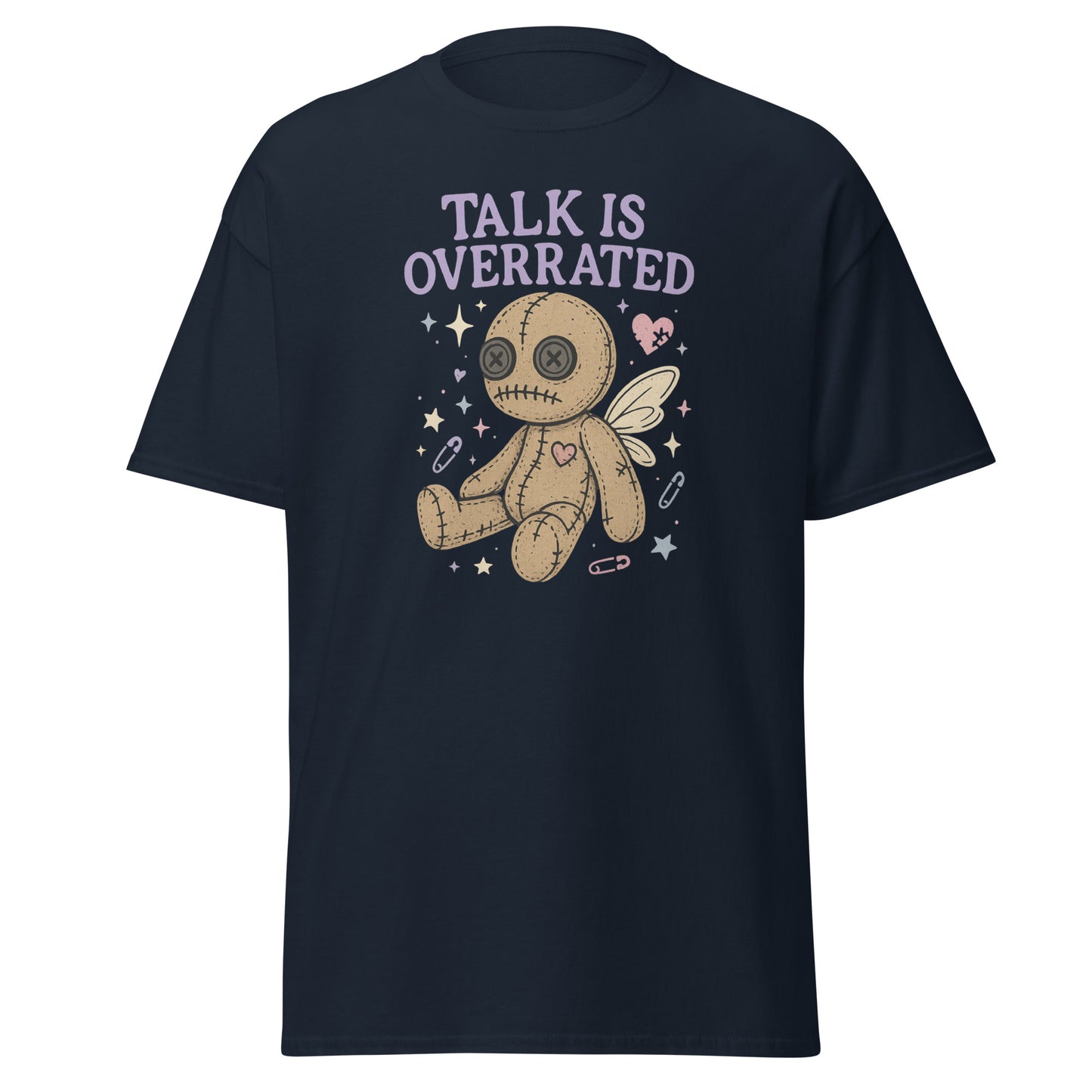 Navy blue t-shirt with a graphic of a voodoo doll and 'Talk is Overrated' text on a white background