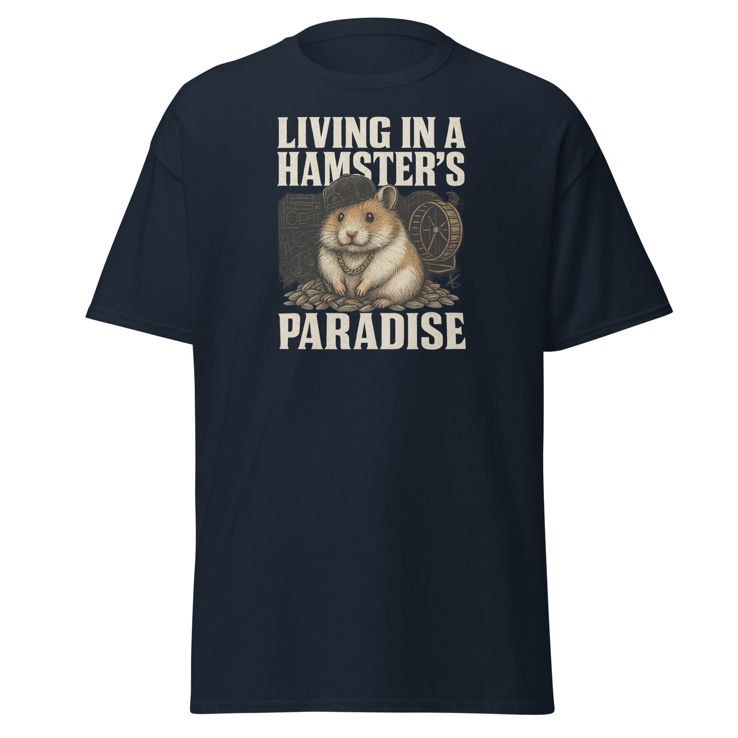 Black t-shirt with a graphic of a hamster and text 'Living in a Hamster's Paradise' on a white background