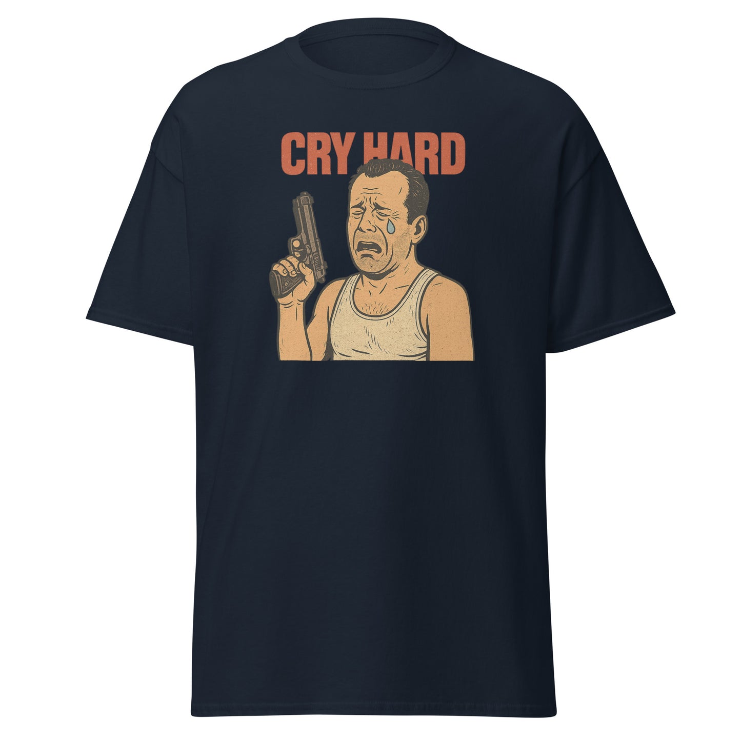 Black t-shirt with graphic of a man holding a gun and text 'Cry Hard' on a white background