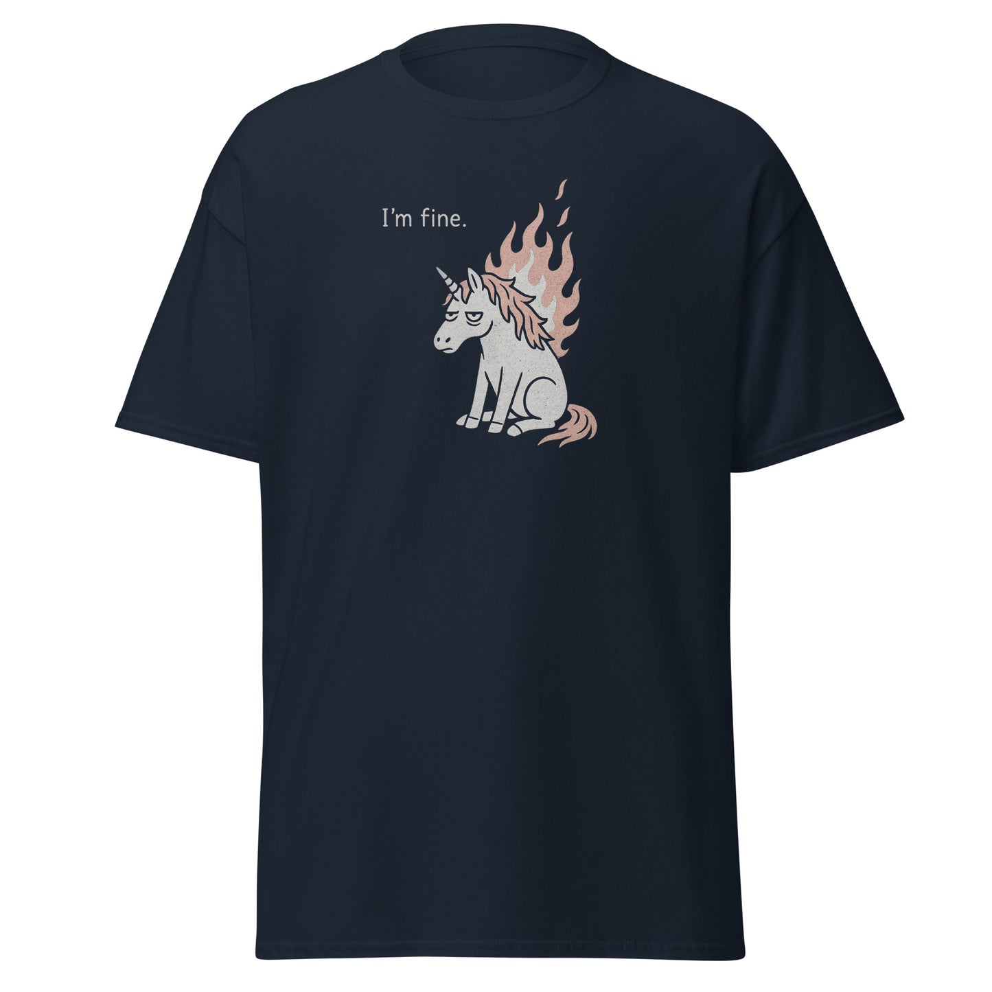 Navy blue t-shirt with a unicorn graphic and 'I'm fine.' text on a white background