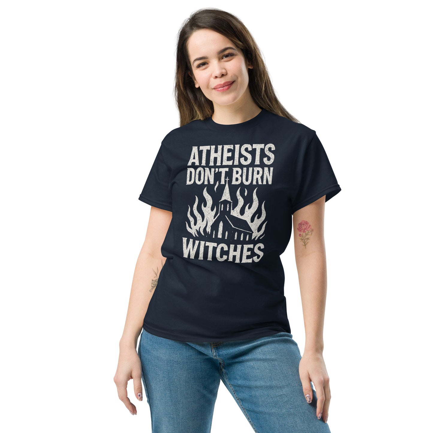 Person wearing a black t-shirt with white text and graphic design on a white background