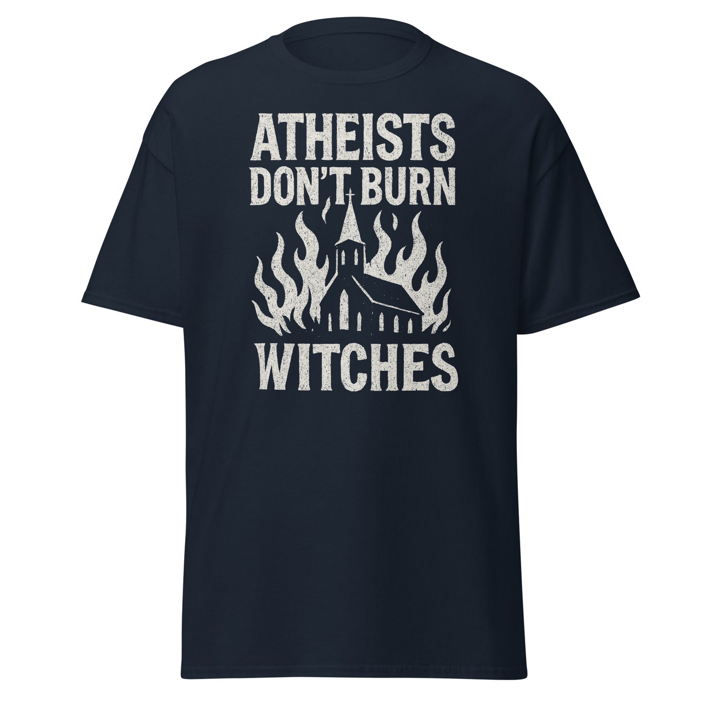 Black t-shirt with white text and graphic design on a white background